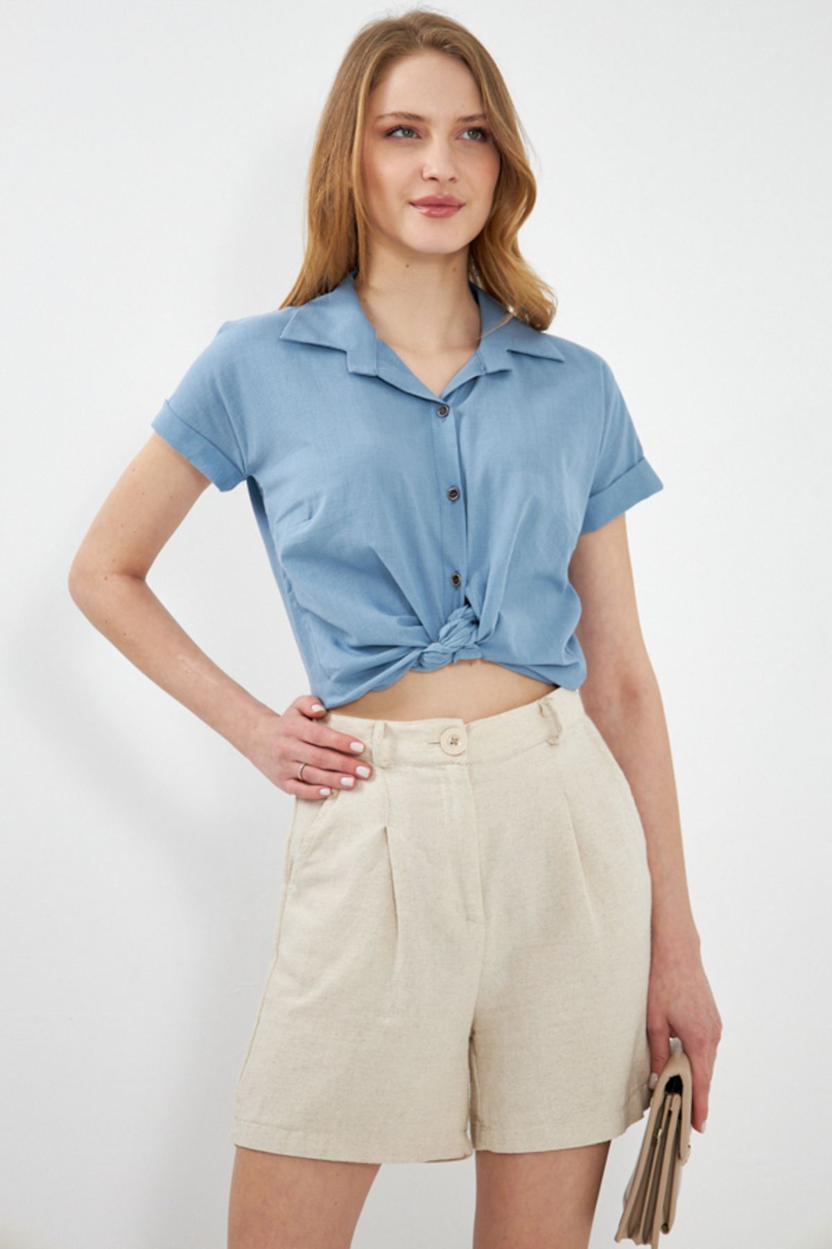 WOMEN'S BUYMAVİ SHORT SOLD LINE SHIRT ARM-24Y001038