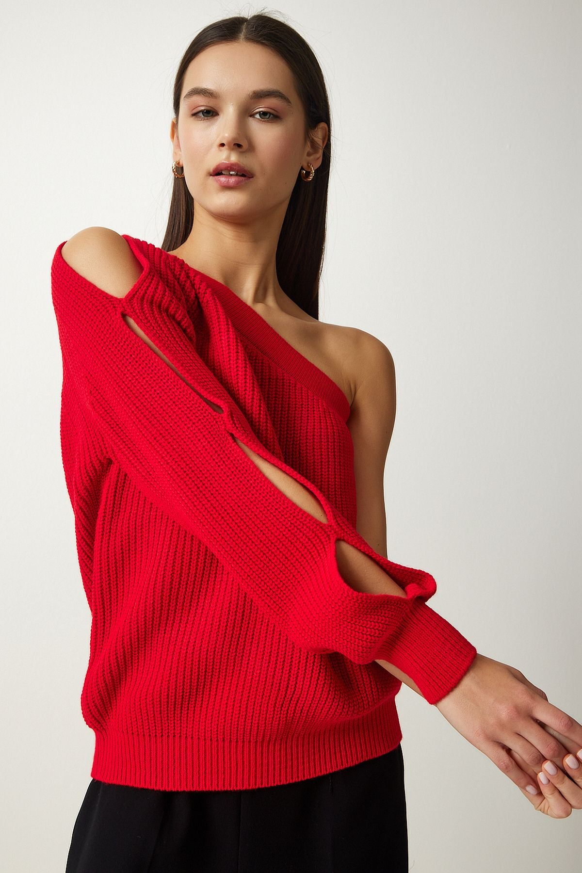 Woman Red Window Detail One Sleeve Knitwear Sweater PF00059