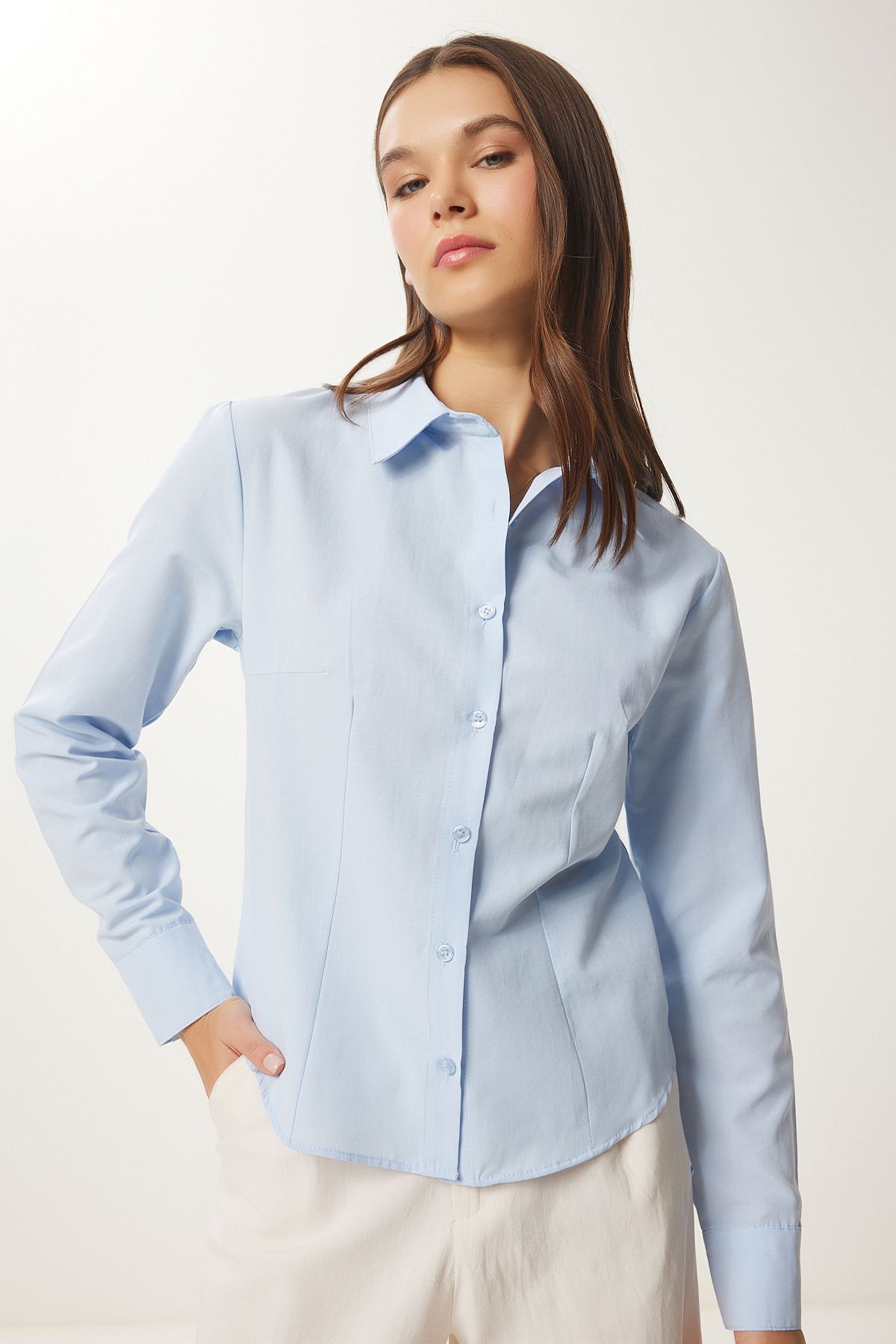 Woman Sky Blue Button Basic Shirt RQ00001