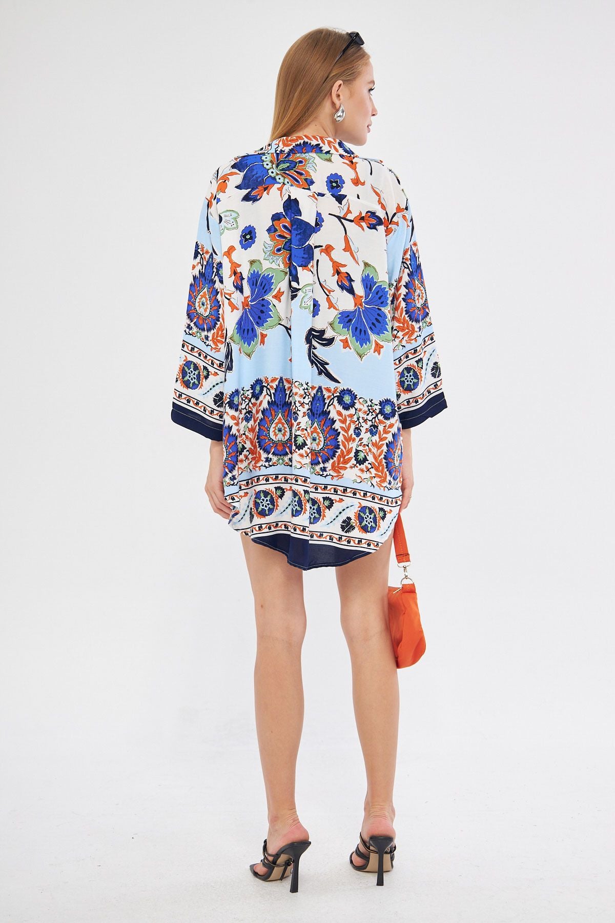 Female navy blue patterned front-binding kimono shirt ARM-24Y001080