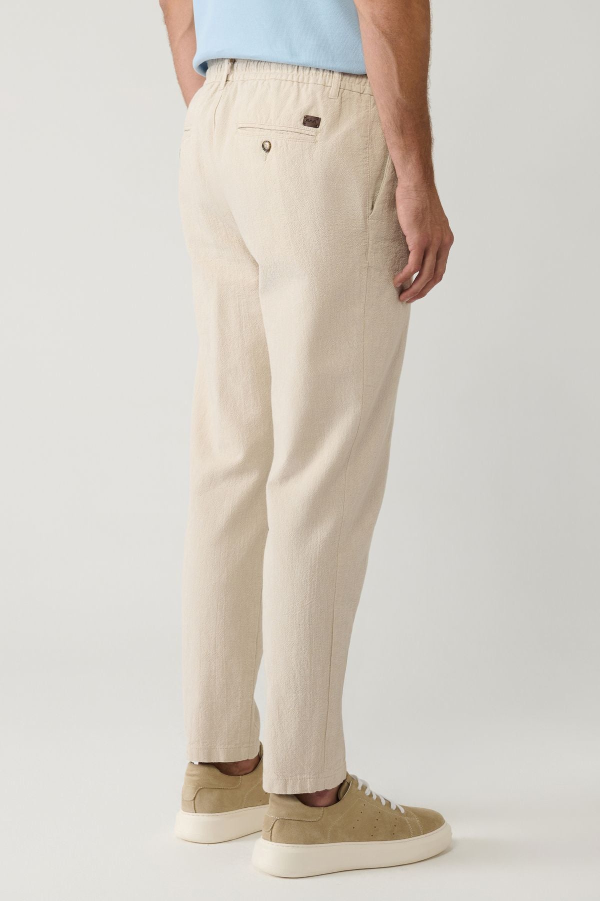 Men's Beige Waist Lacked Lined Linen Cotton textured Chino Pants B003036