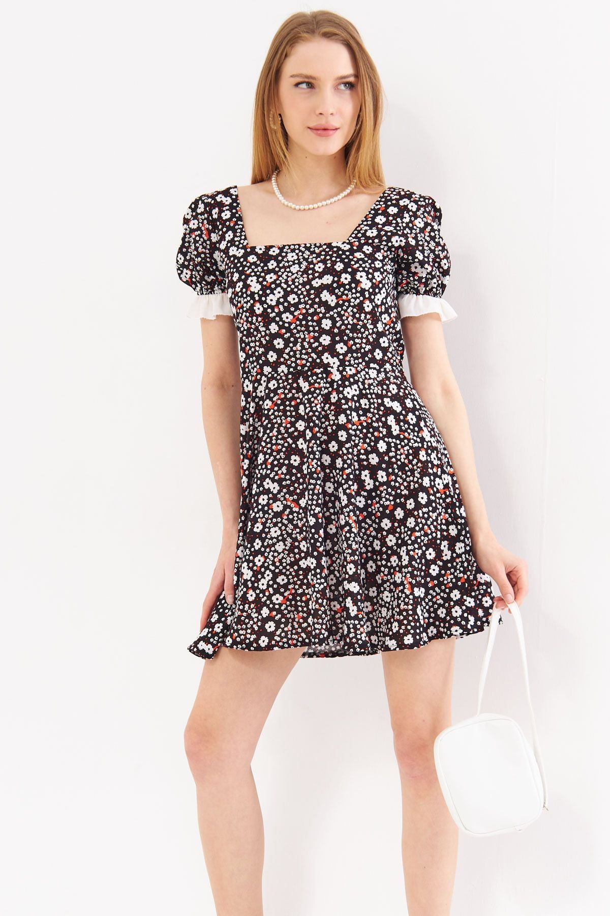 Female black front rear backflower strap detailed dot watermelon sleeve kloş mini dress ARM-24Y001051
