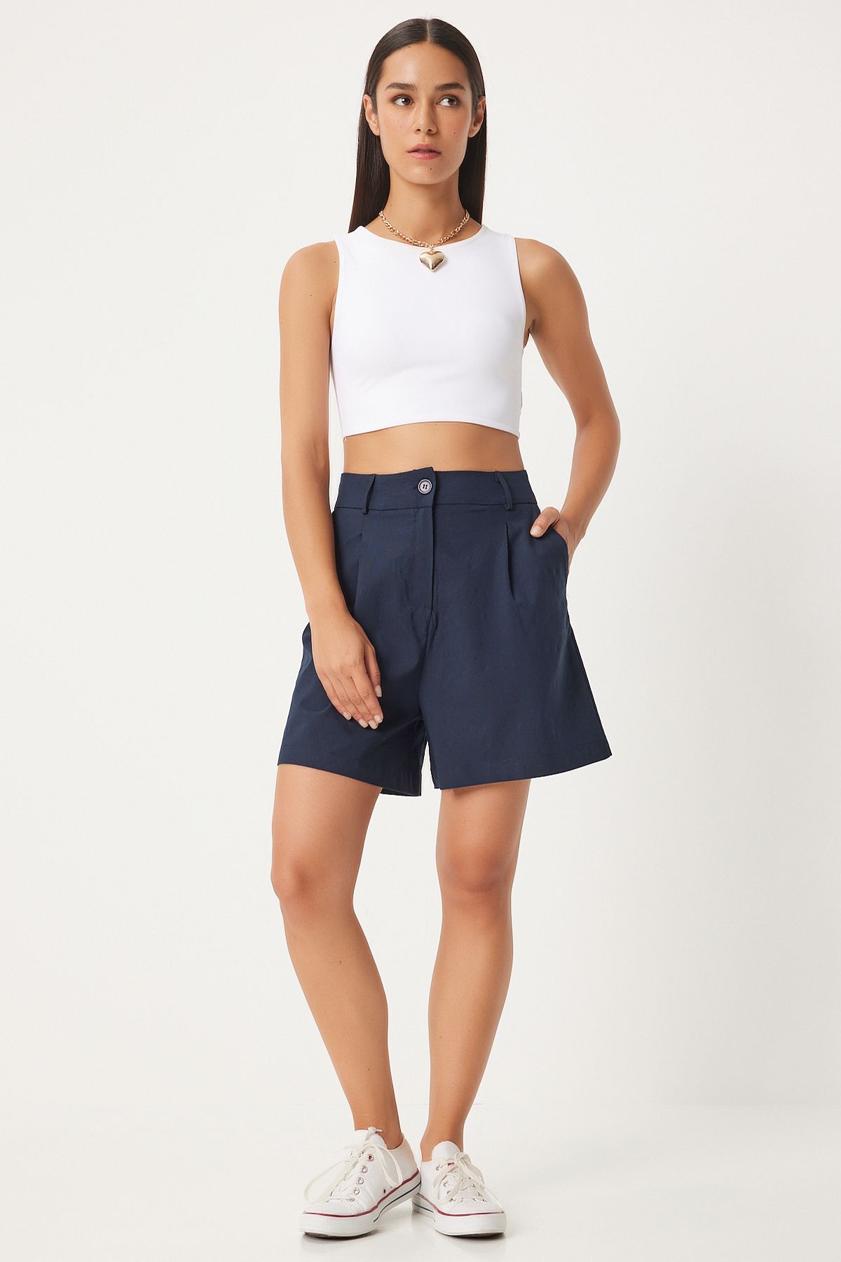 Female navy blue pleated viscose shorts to00146