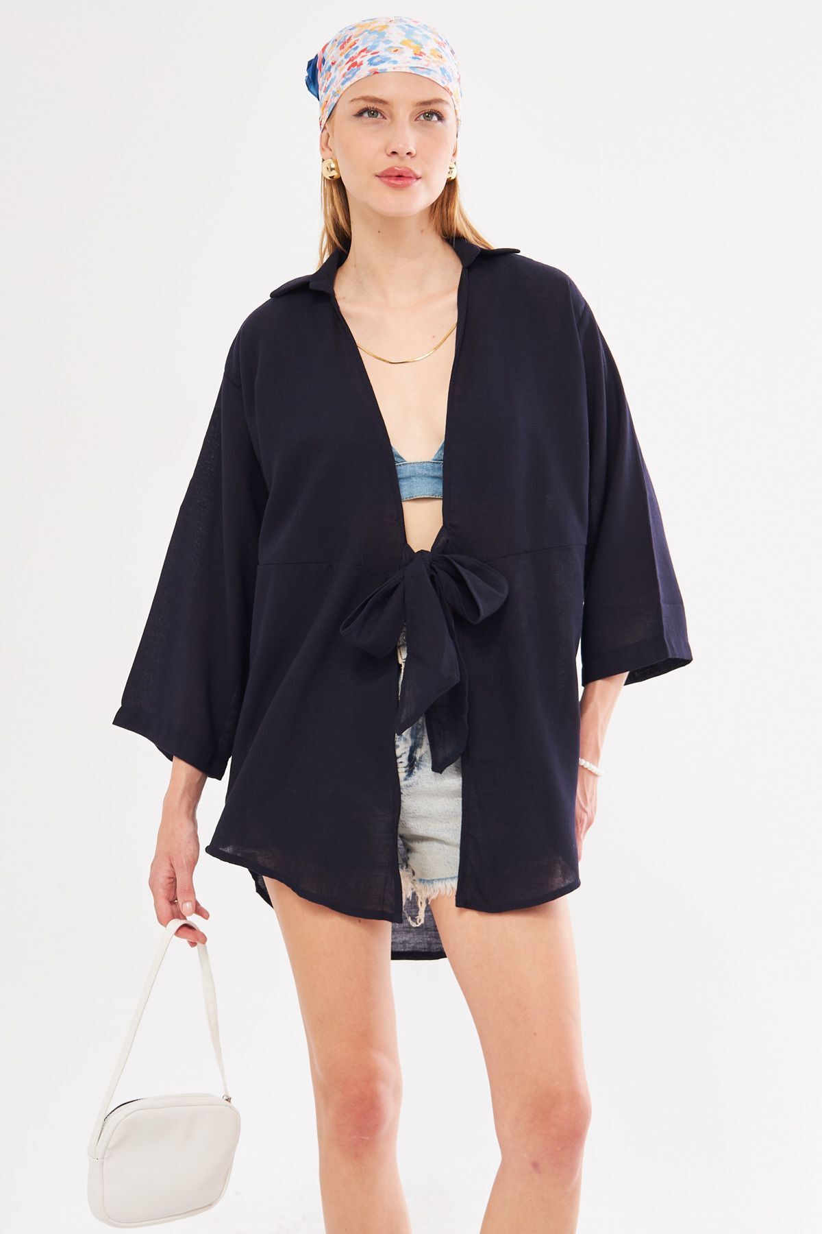 Woman Dark Navy blue linen-looking front-binding kimono shirt ARM-24Y001063