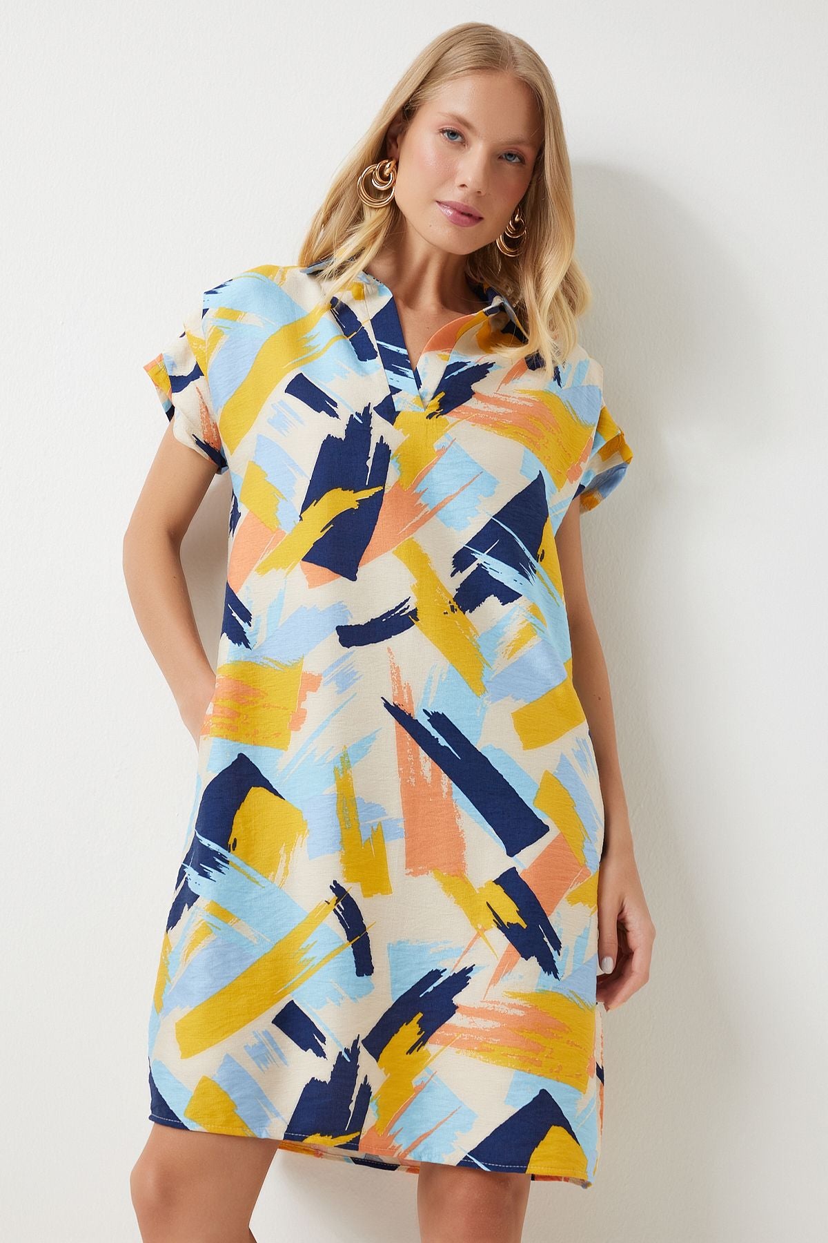 Woman Yellow Blue Polo Yaka Patterned Summer Dress of00001
