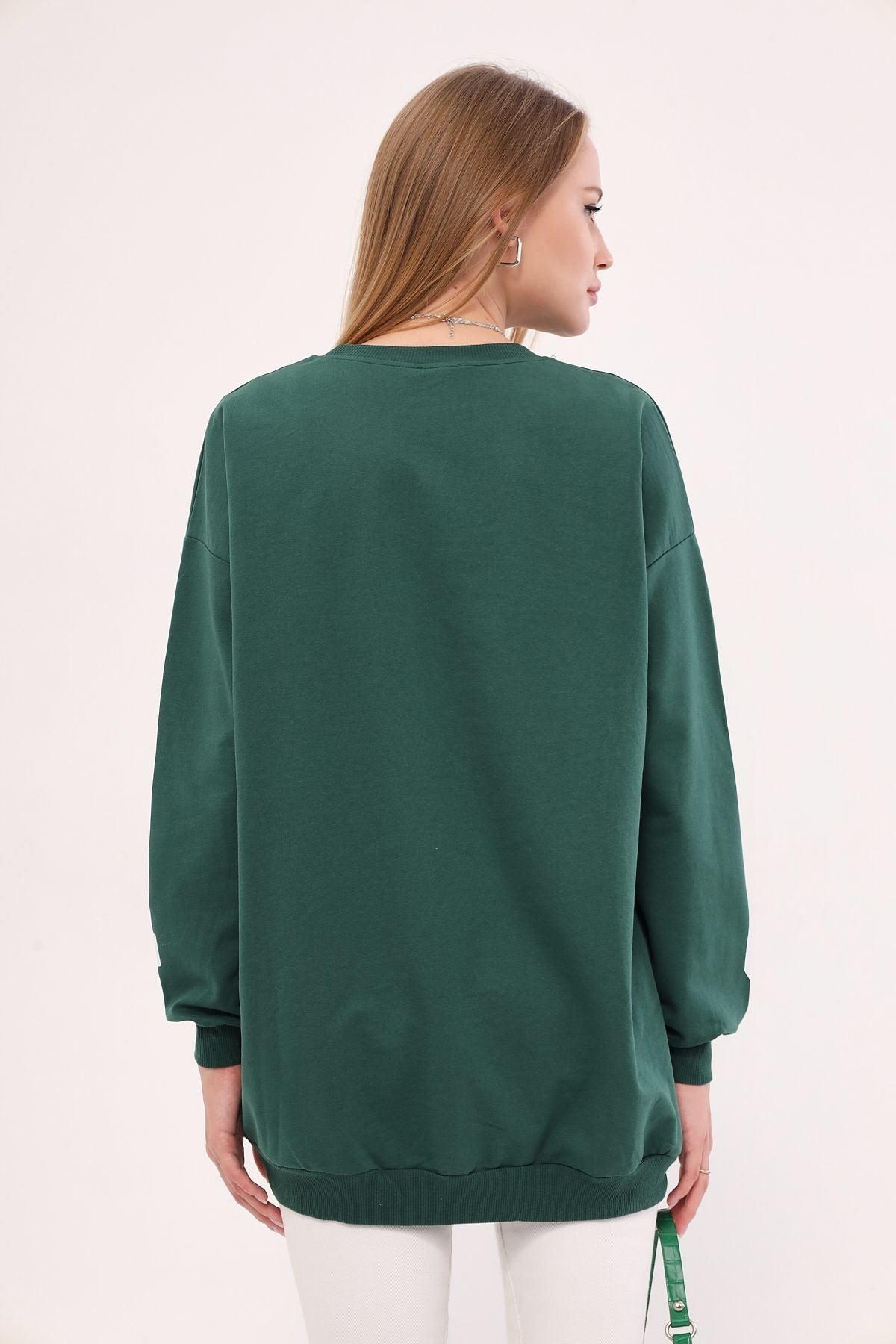 Woman Dark Green Bicycle Collar Calıfornia Printed Oversize Sweatshirt Arm-25k001023