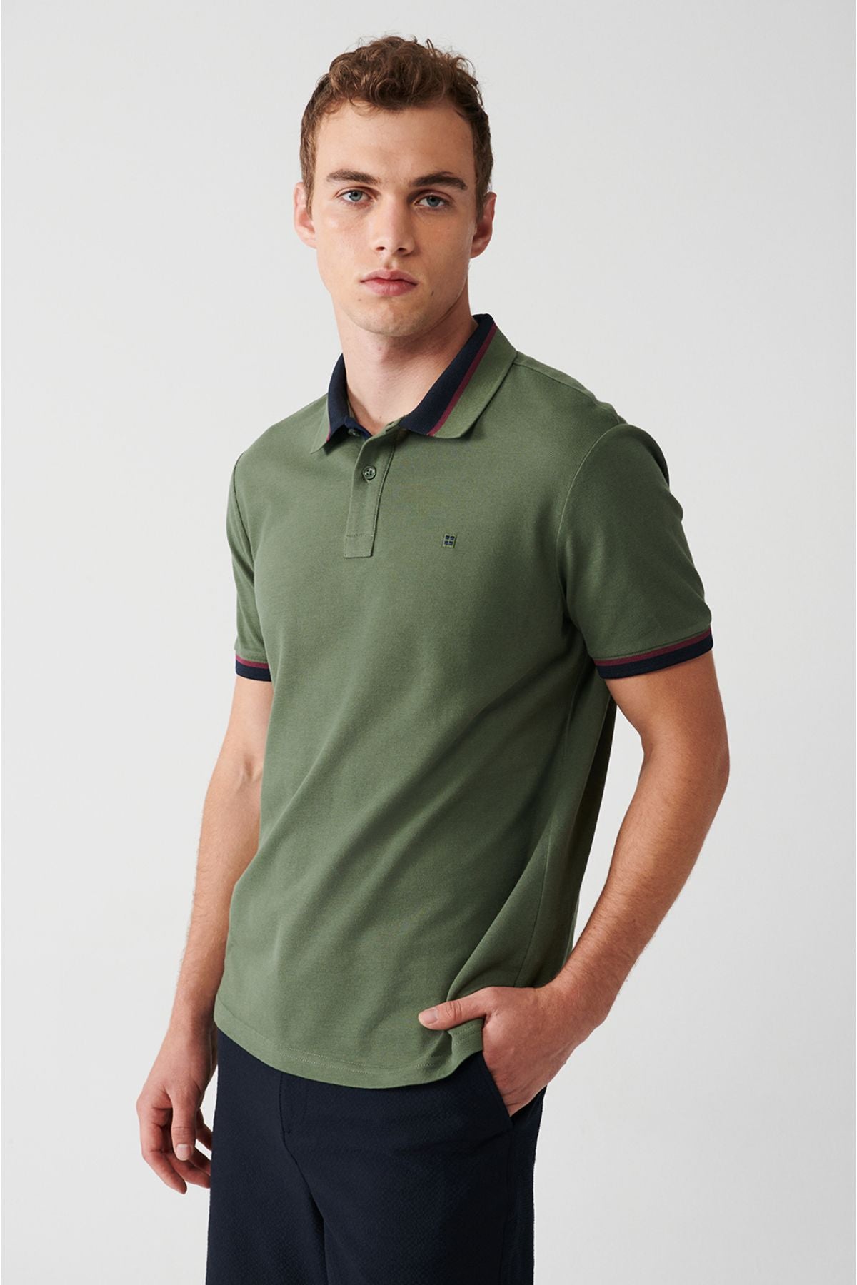 Male Khaki Polo collar T-shirt collar striped 100 %cotton regular fit 2 button E001036