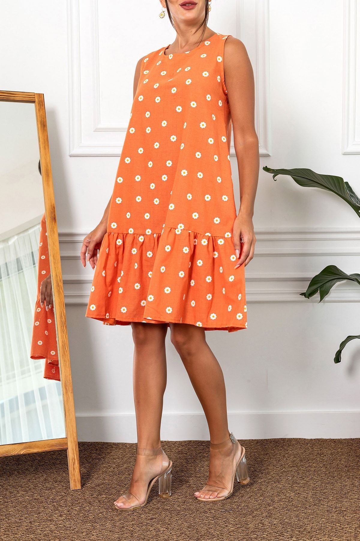 Women's Orange Daisy Pattern Sleeveless skirt frilled dress ARM-22Y001123