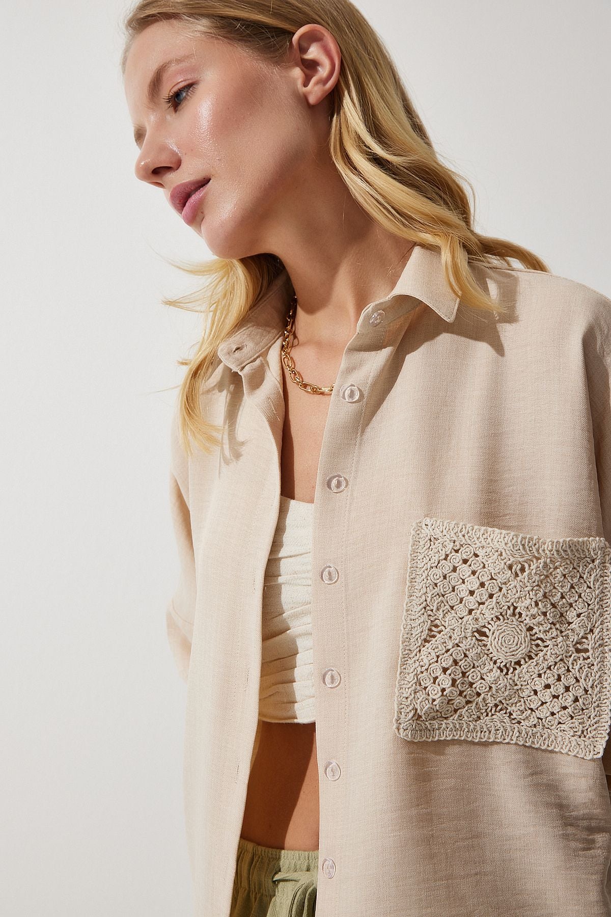 Woman Dark Beige Lace Detail Linen Shirt TP00018