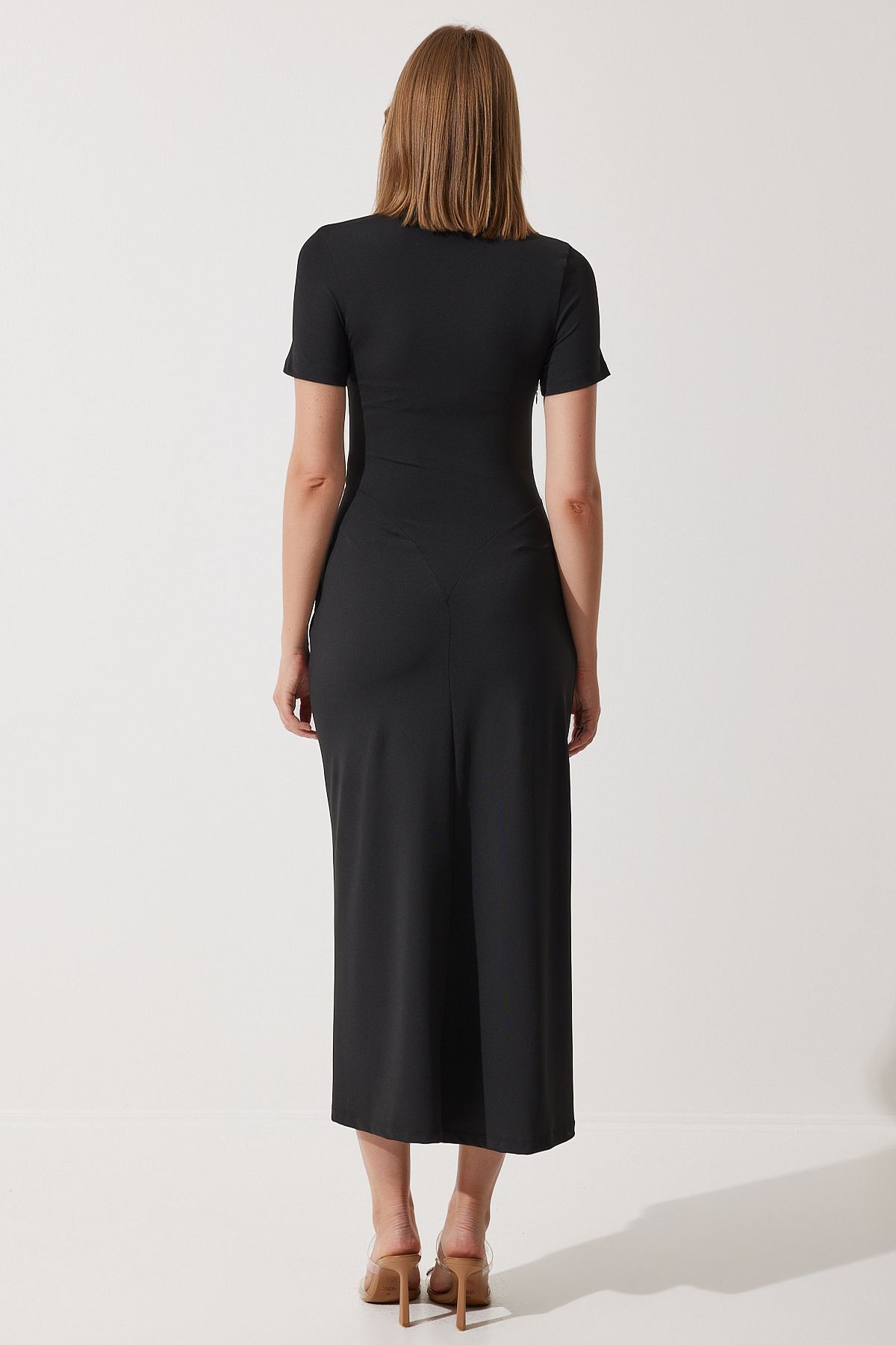 Female Black Shirred Satin Detailed Stylish Knitting Dress KJ00011
