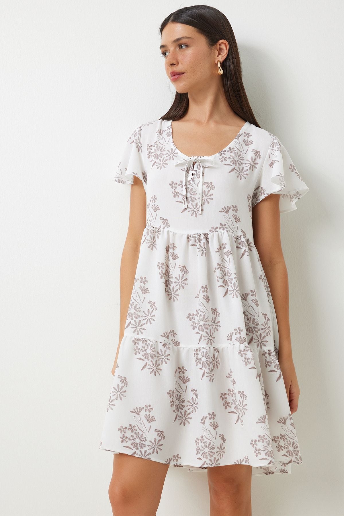 Woman White Brown Flower Summer Viscose Dress DD01330