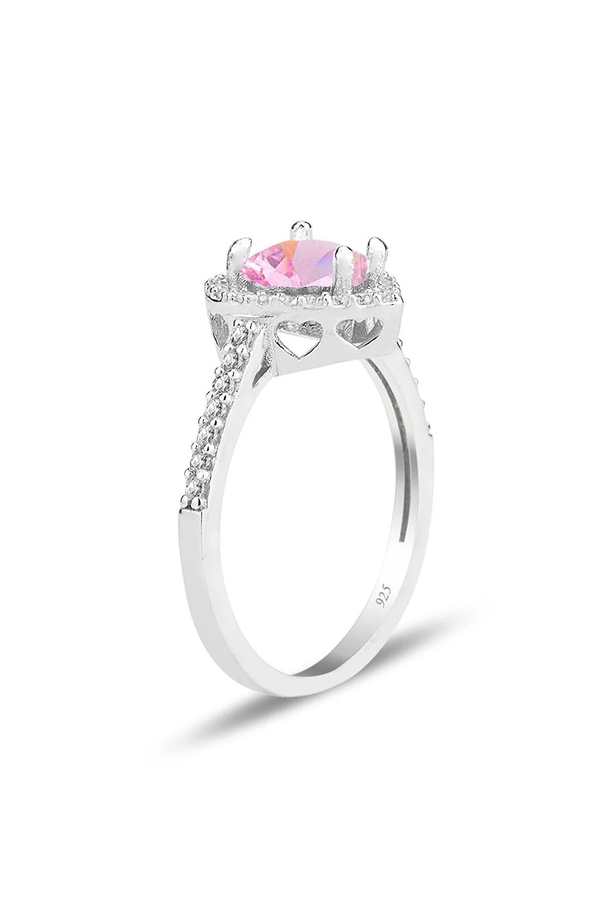Diamond Monture Pink Stone Silver Plated Adjustable Women Ring