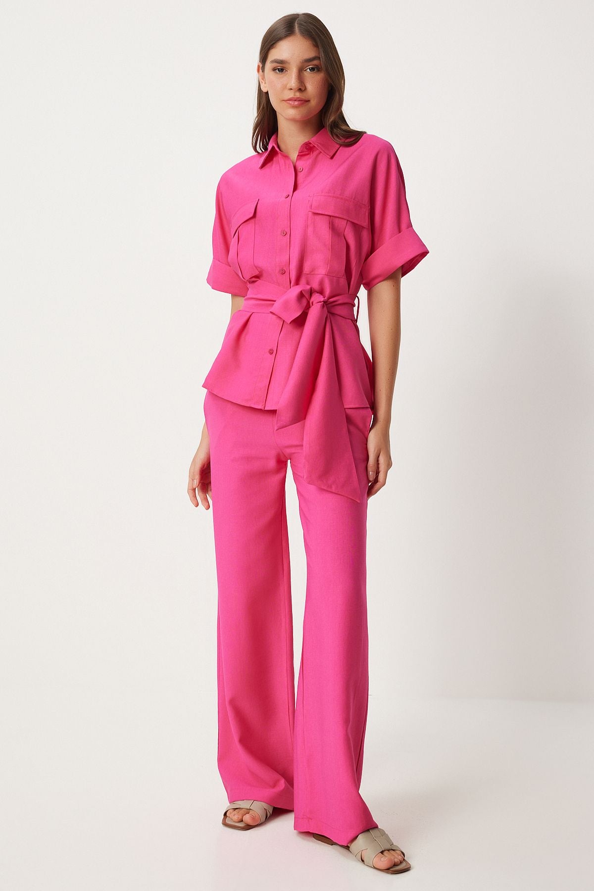 Female pink belt shirt pants weaving set FN03276