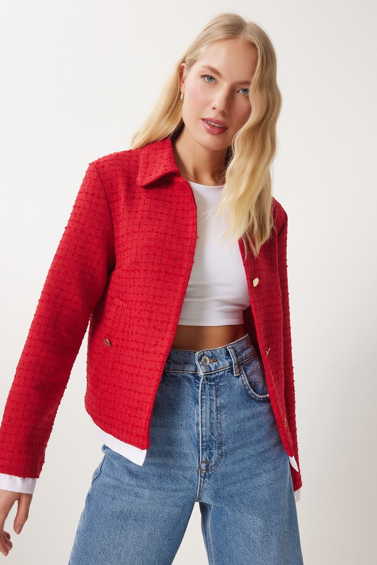 Woman Red Shirt Collar Tüvit Jacket to00157