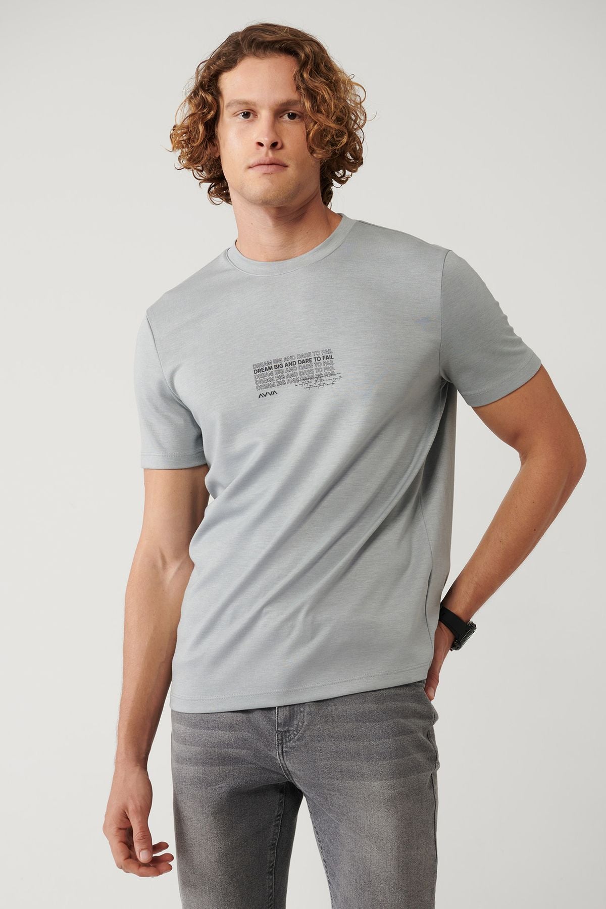 Men's gray bike collar printed Interlok T-shirt A41y1013