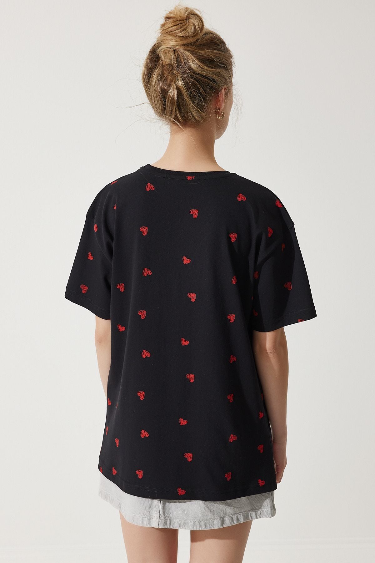 Female Black Heart 100 %Cotton Oversize Long Knitting T-shirt NJ00148