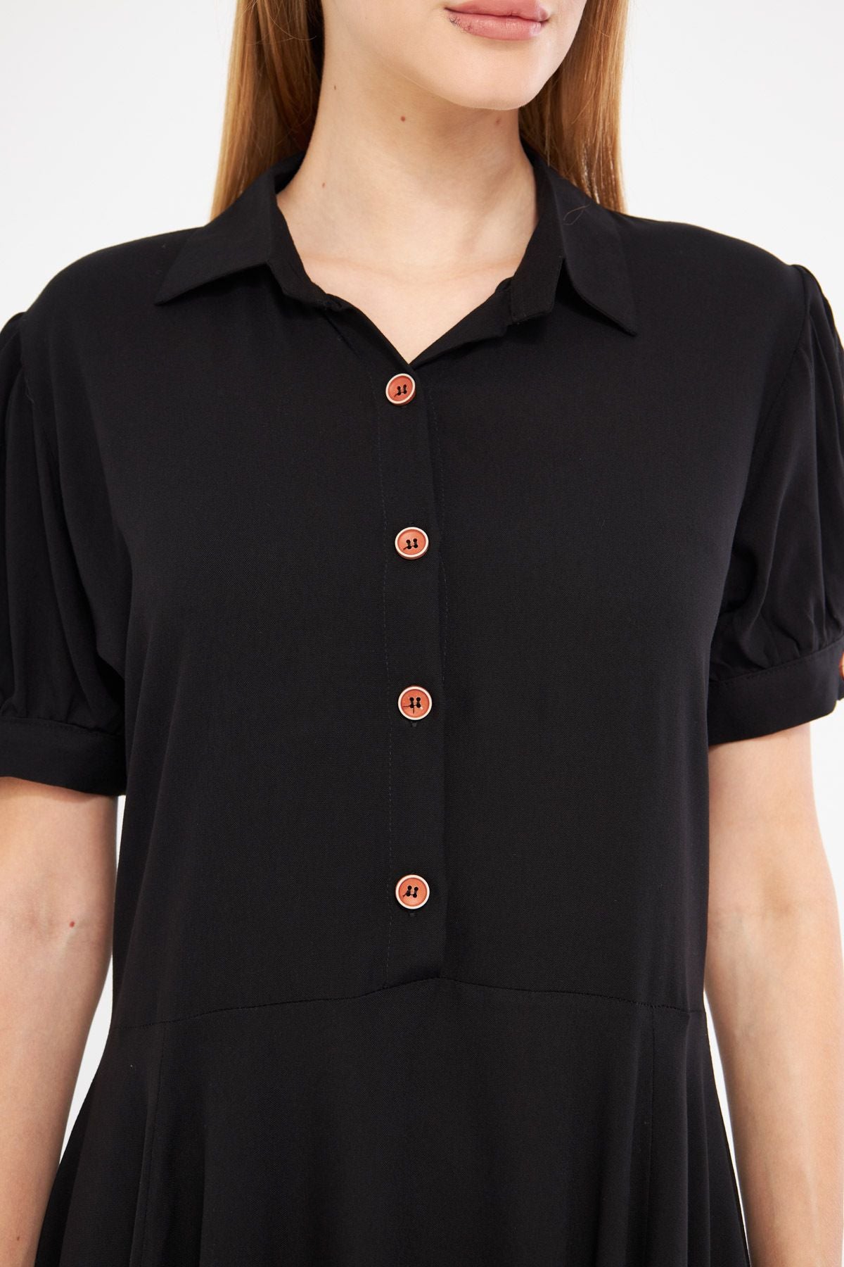 Female black shirt collar handle slit detailed closh watermelon sleeve dress ARM-24Y001083
