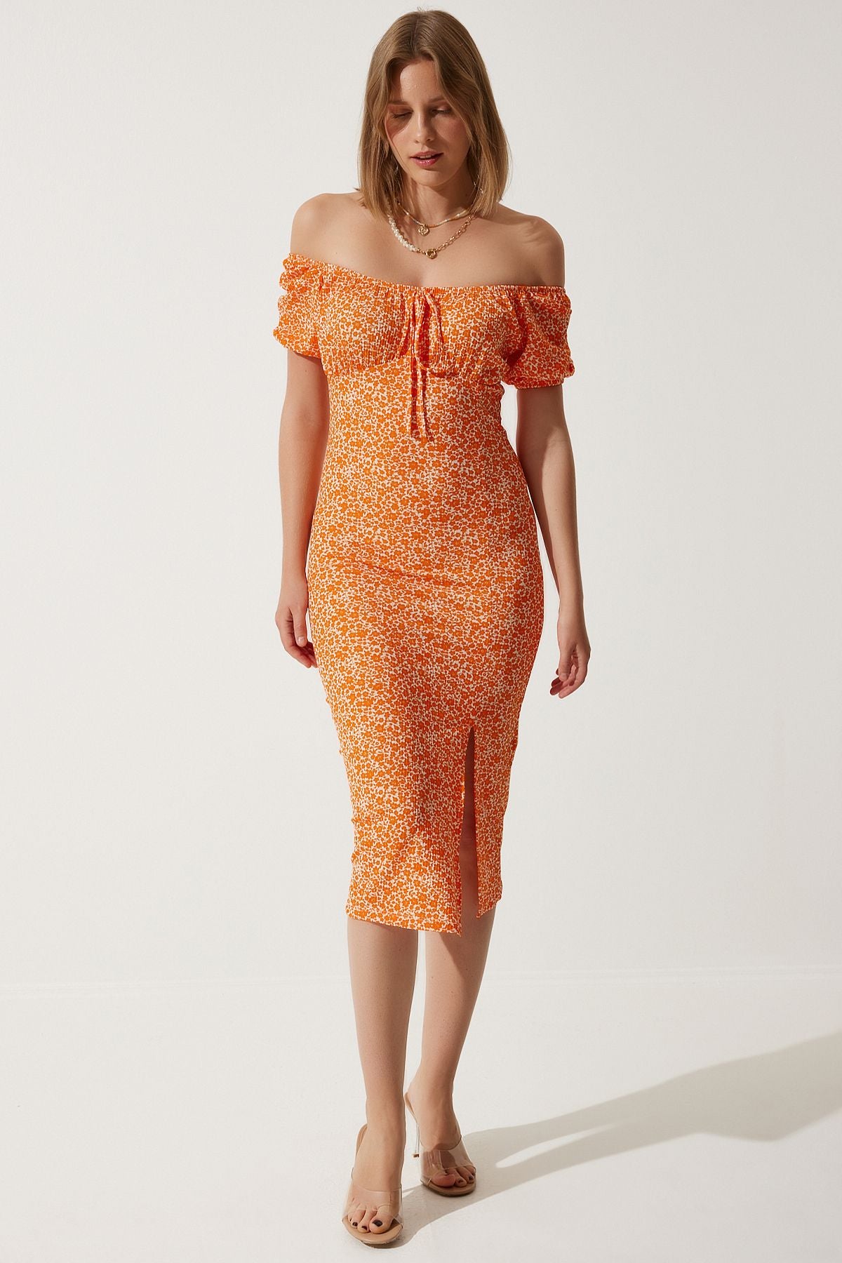 Female Orange Patterned Shirred Knitting Dress CI00102