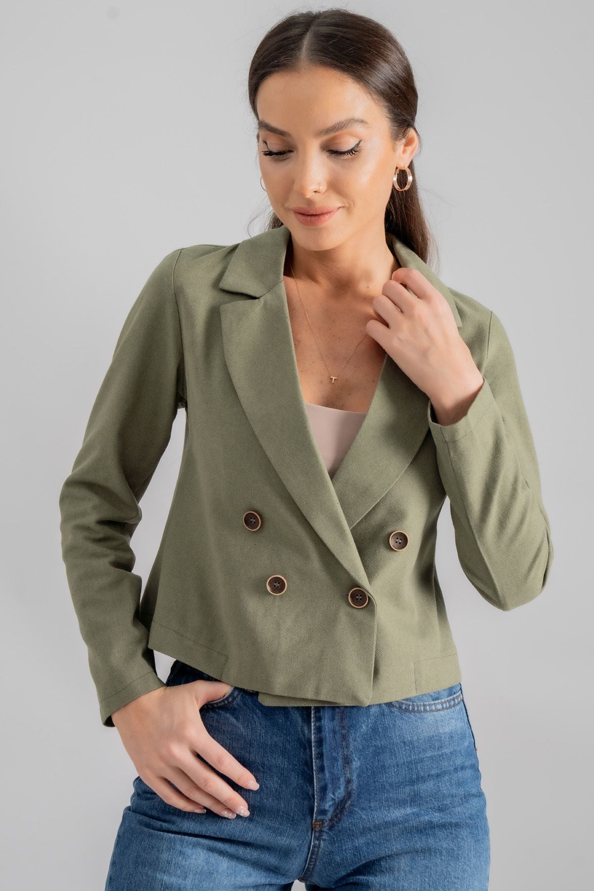 Woman Khaki Cruve Yaka Gabardin Crop Jacket ARM-24Y001010