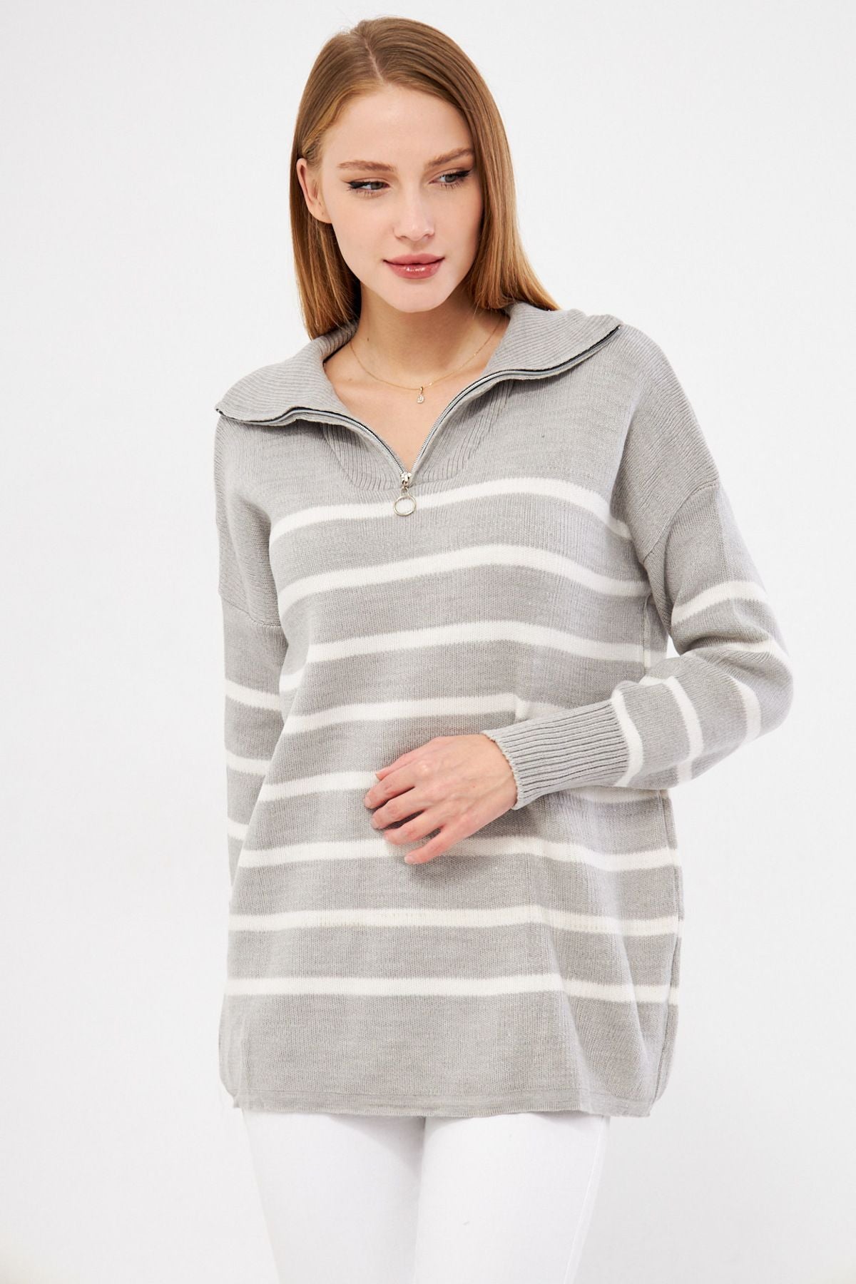 Women's gray zipper detailed striped knitwear sweater ARM-25K069007