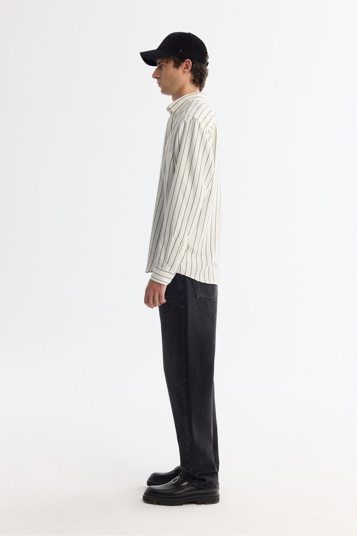 Male White British collar striped rayon shirt A42Y2051
