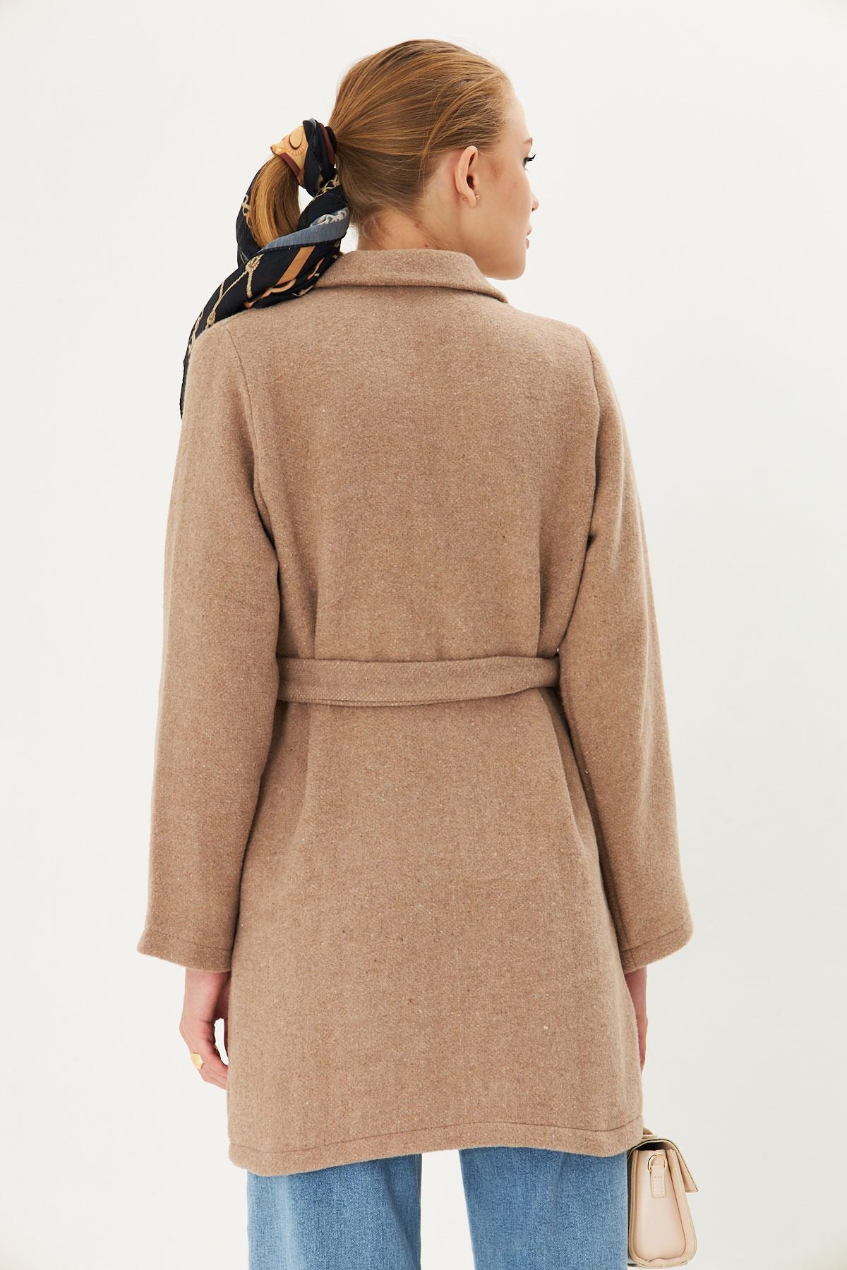 Female Beige Men's Collar Pocket Belt Coat Arm-25k001053