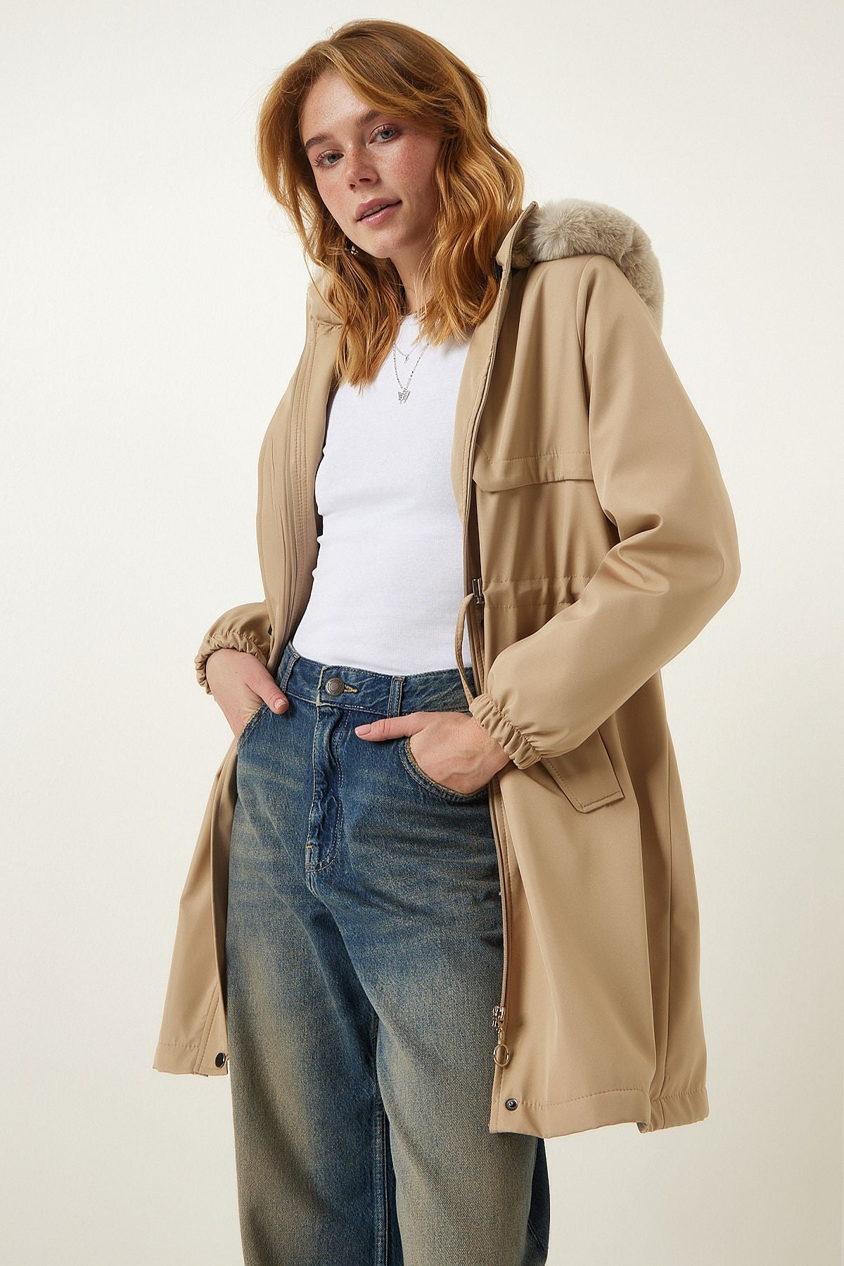 Fur furry coat with a woman beige hooded DD01292