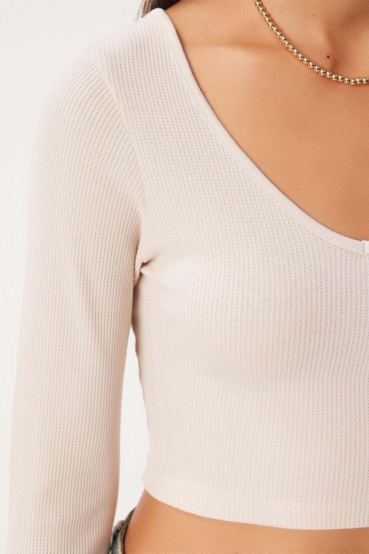 Female Beige V neck Crop blouse UB00171