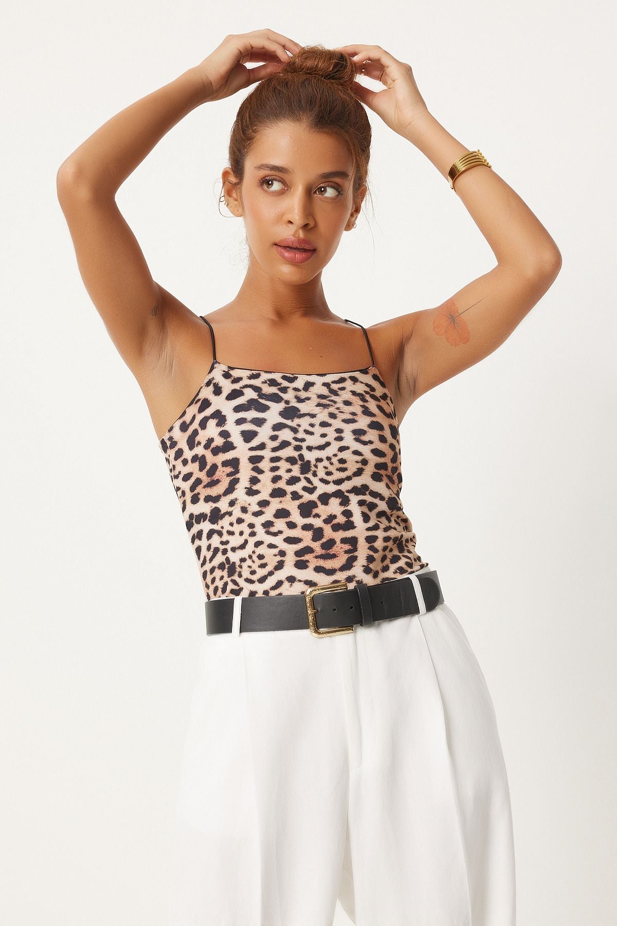 Female Black Beige Leopard Patterned Rope Strap Crop knitted blouse AN00207