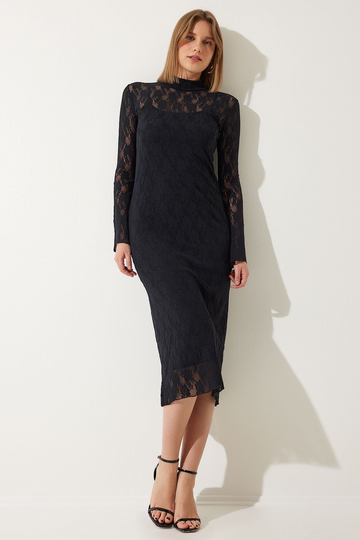 Woman black upright collar stylish lace dress an00192