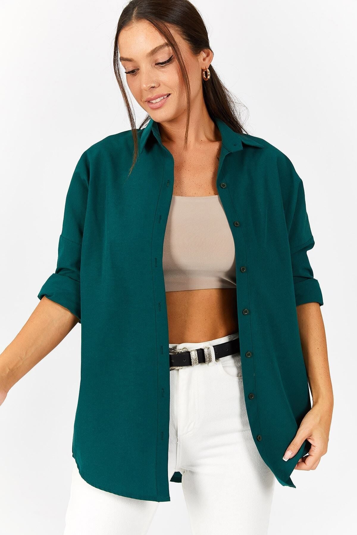 Woman Dark Green Oversize Long Basic Shirt ARM-221118