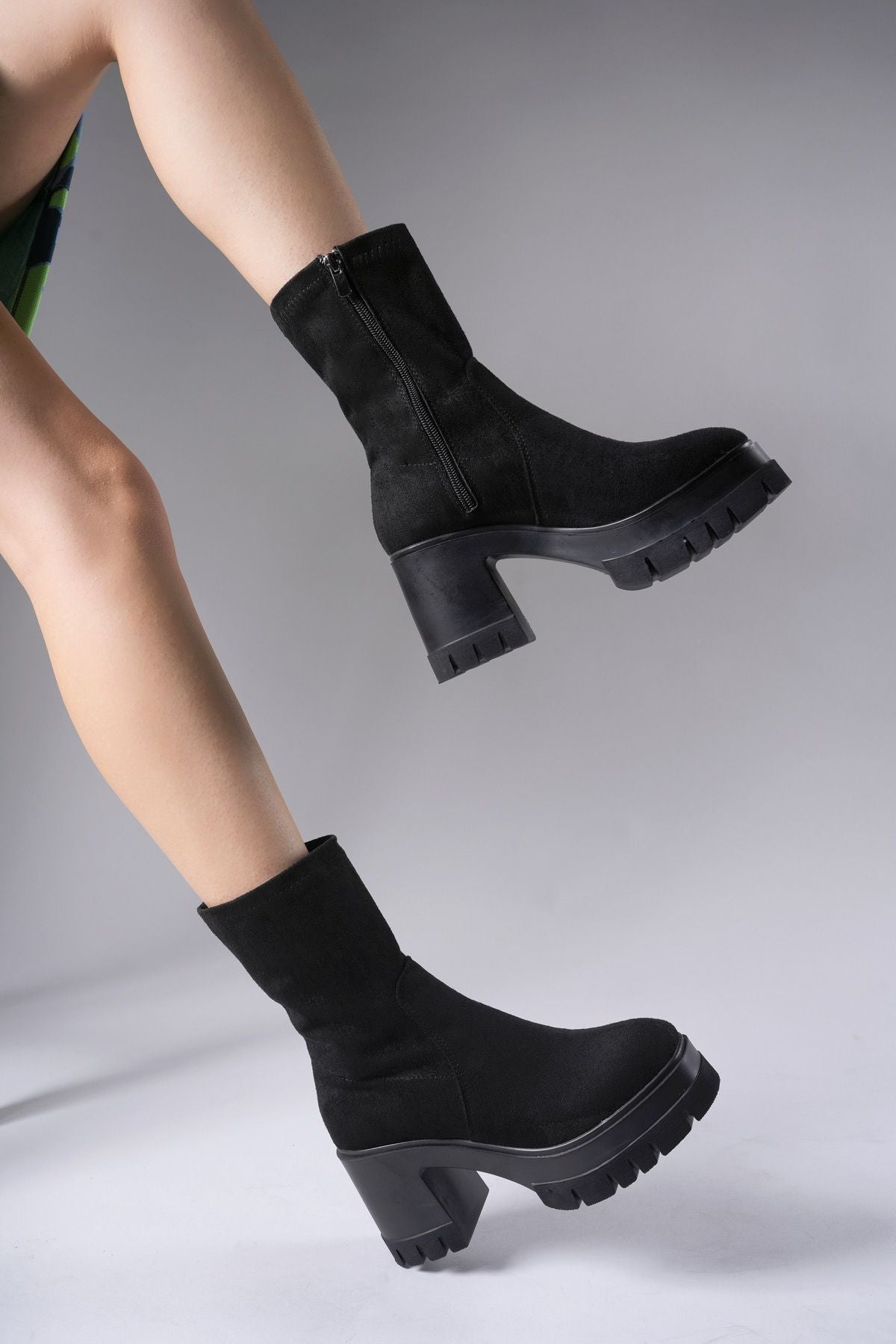 Female heeled stretch boots 0012634 black suede