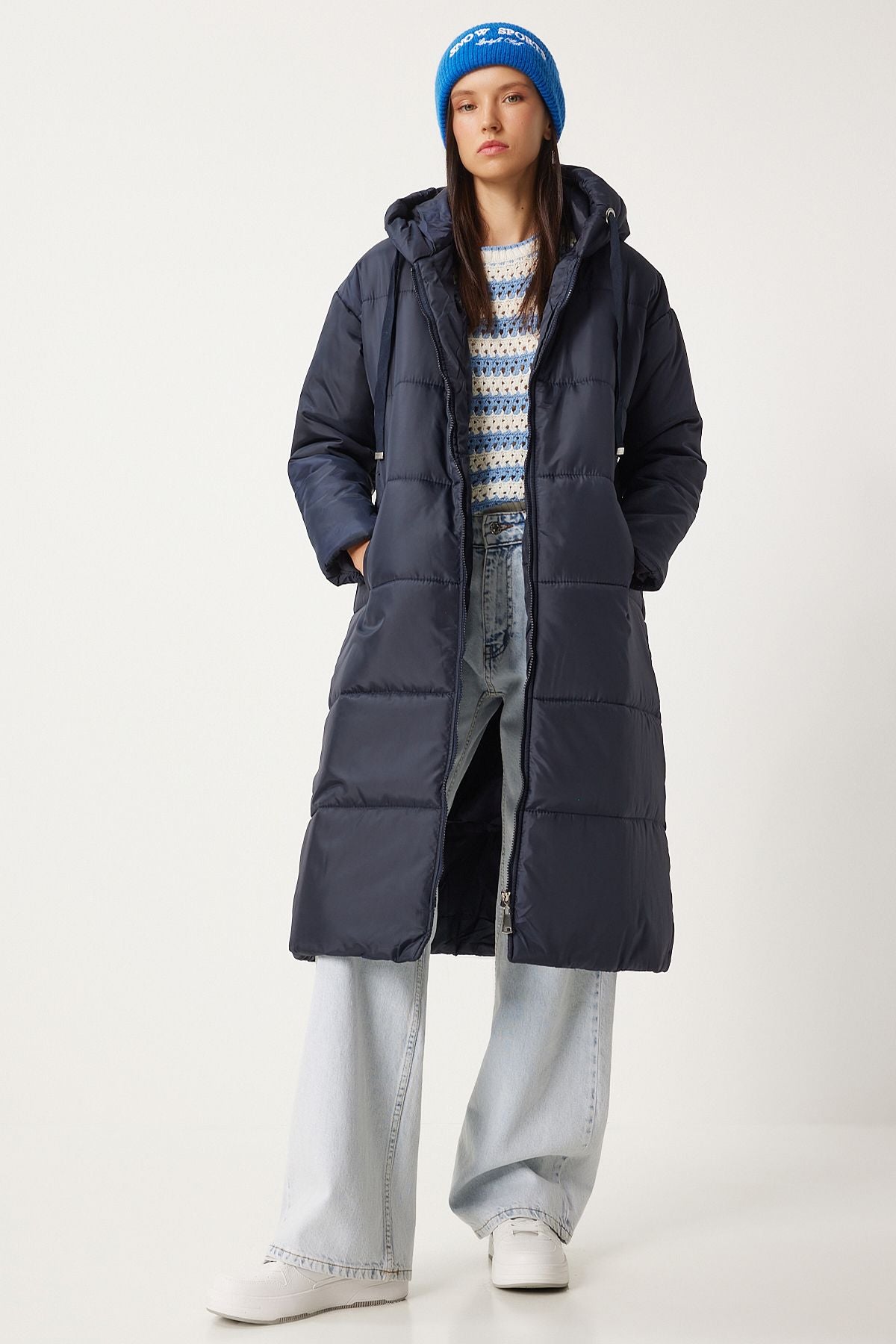 Women's Navy Blind Hooded Long Swelling Coat DD01006