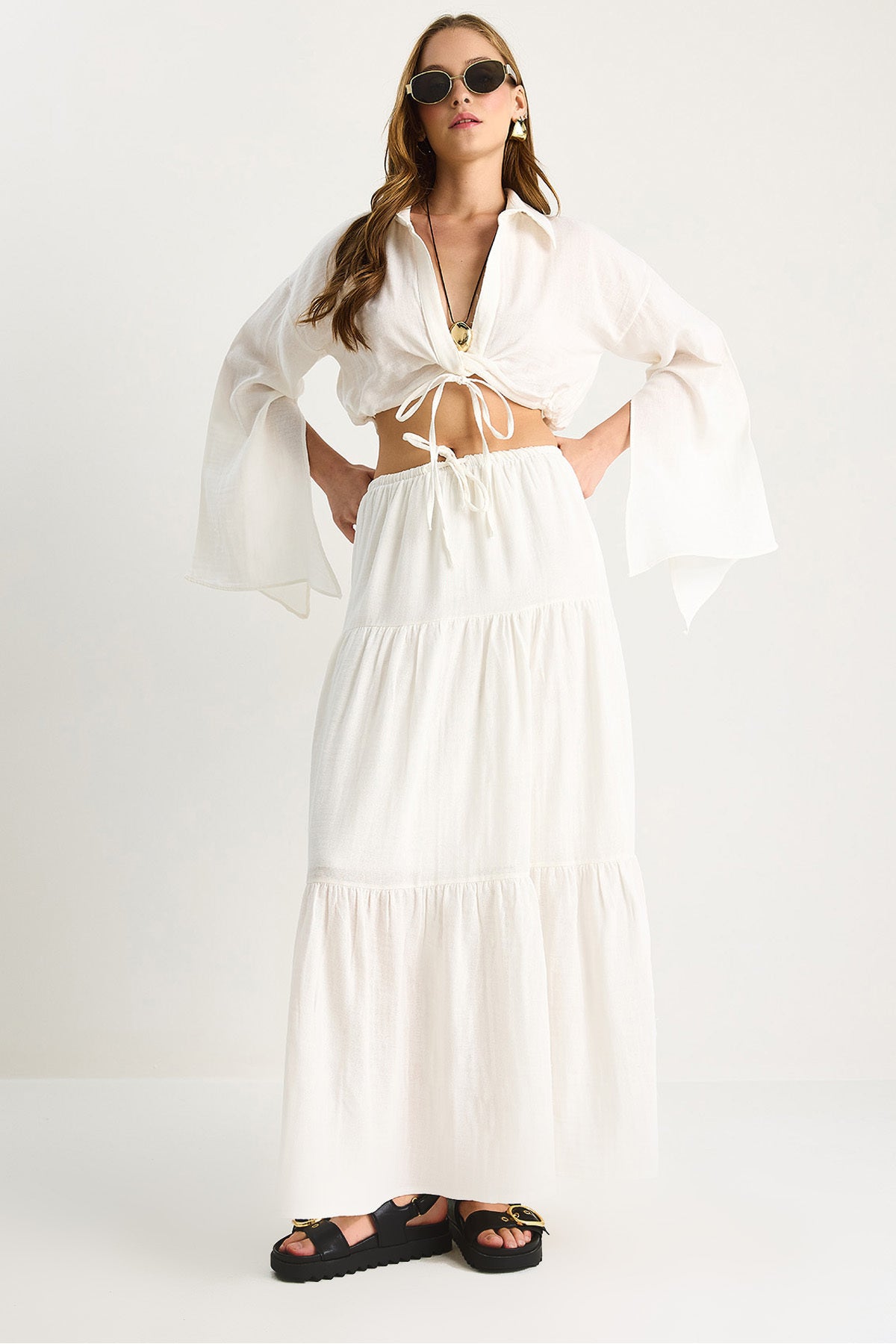 Women's Tie Detailed Slit Wide Sleeve Blouse Lined Long Skirt Suit DT251007 60283497