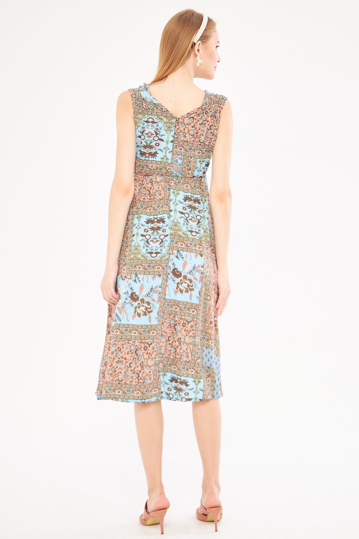 Female Baby Blue Patterned Waist and Shooter Cruve Cruve Midi Boy Dress ARM-24Y001052
