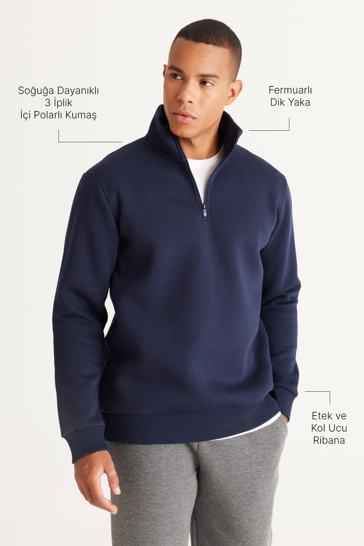 Erkek Lacivert Standart Fit Normal Kesim Içi Polarlı Dik Bato Yaka Pamuklu Sweatshirt