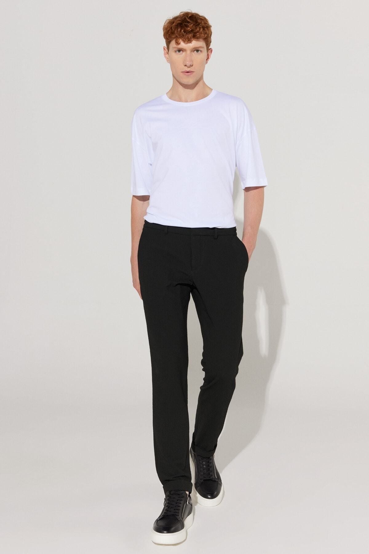 Men's black slim fit narrow -cut waffle patterned flexible waist tied trousers