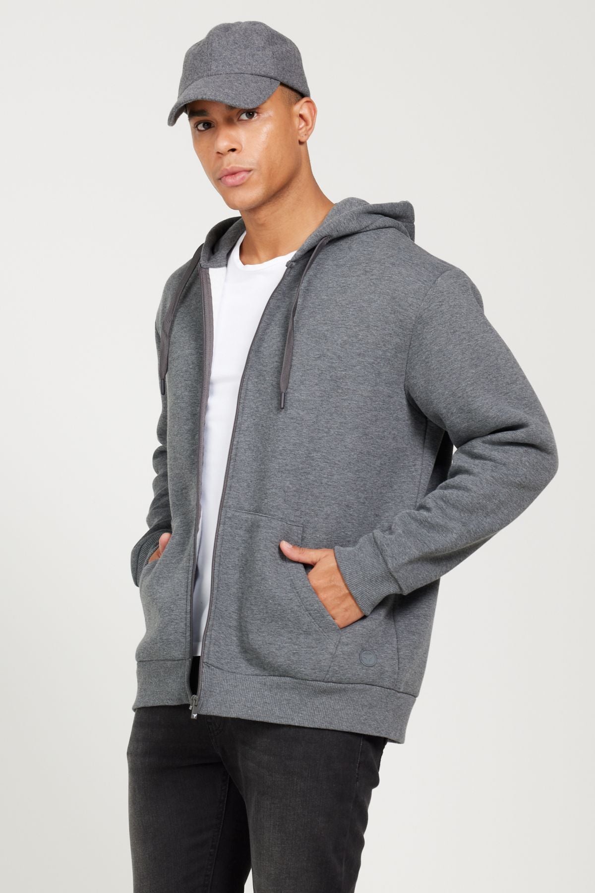 Men's anthracit-melanj standard fit normal cutting hooded zipper sweatshirt jacket