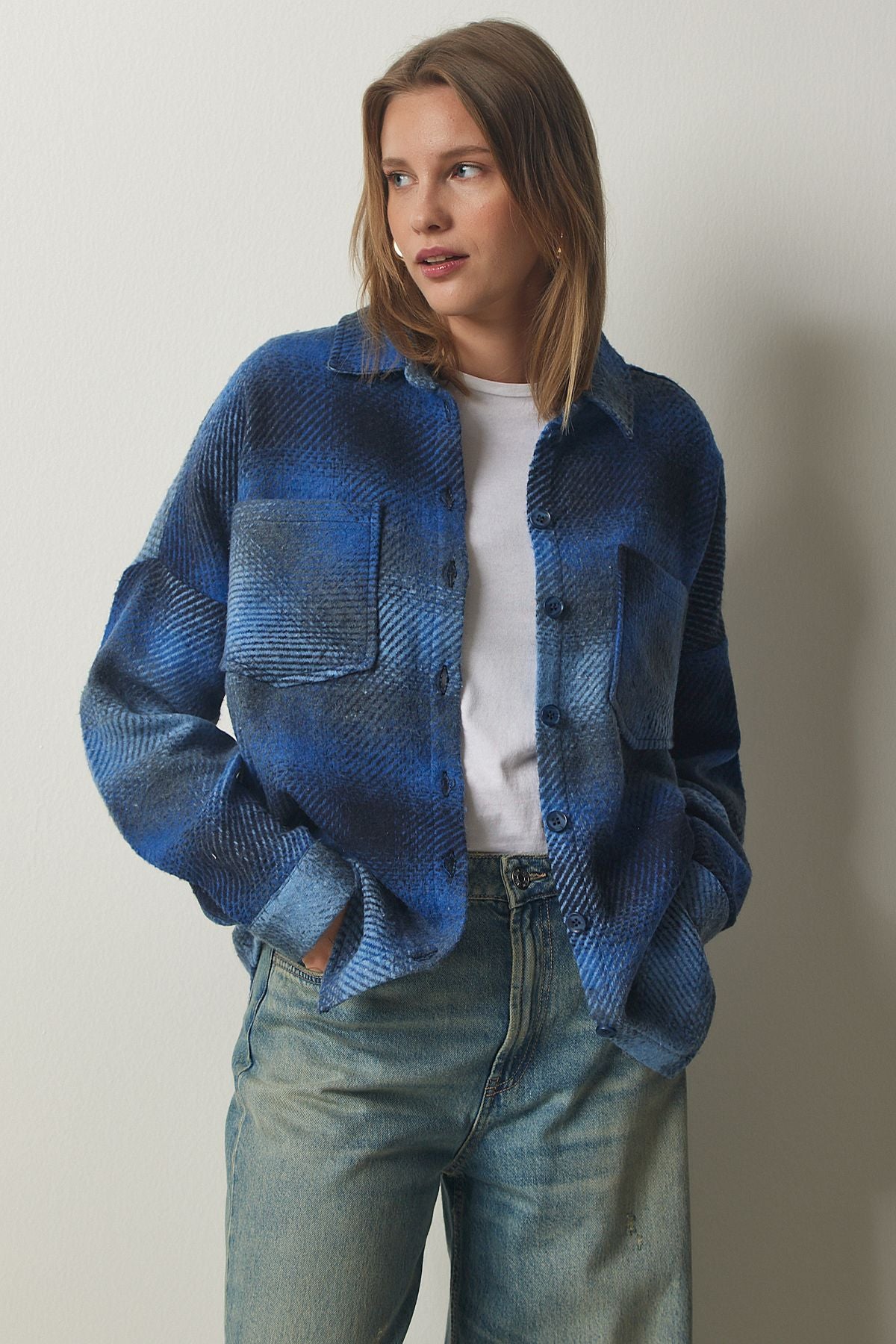 WOMEN BLUE WASH ODUNCUDE Oversize Stamp Shirt Jacket TU00035