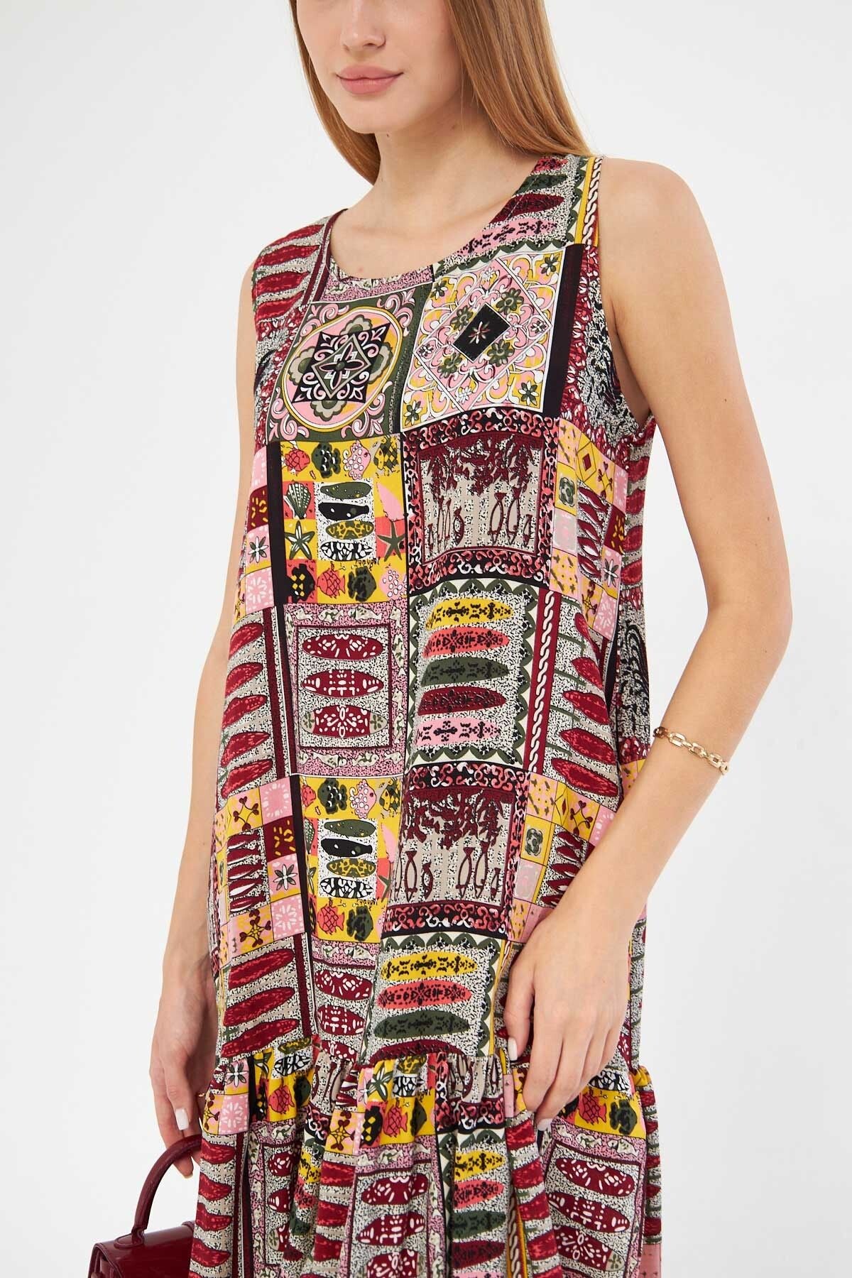 Woman Dark Bordeaux Patterned Sleeveless Skirt Ruffed Dress ARM-22K001142