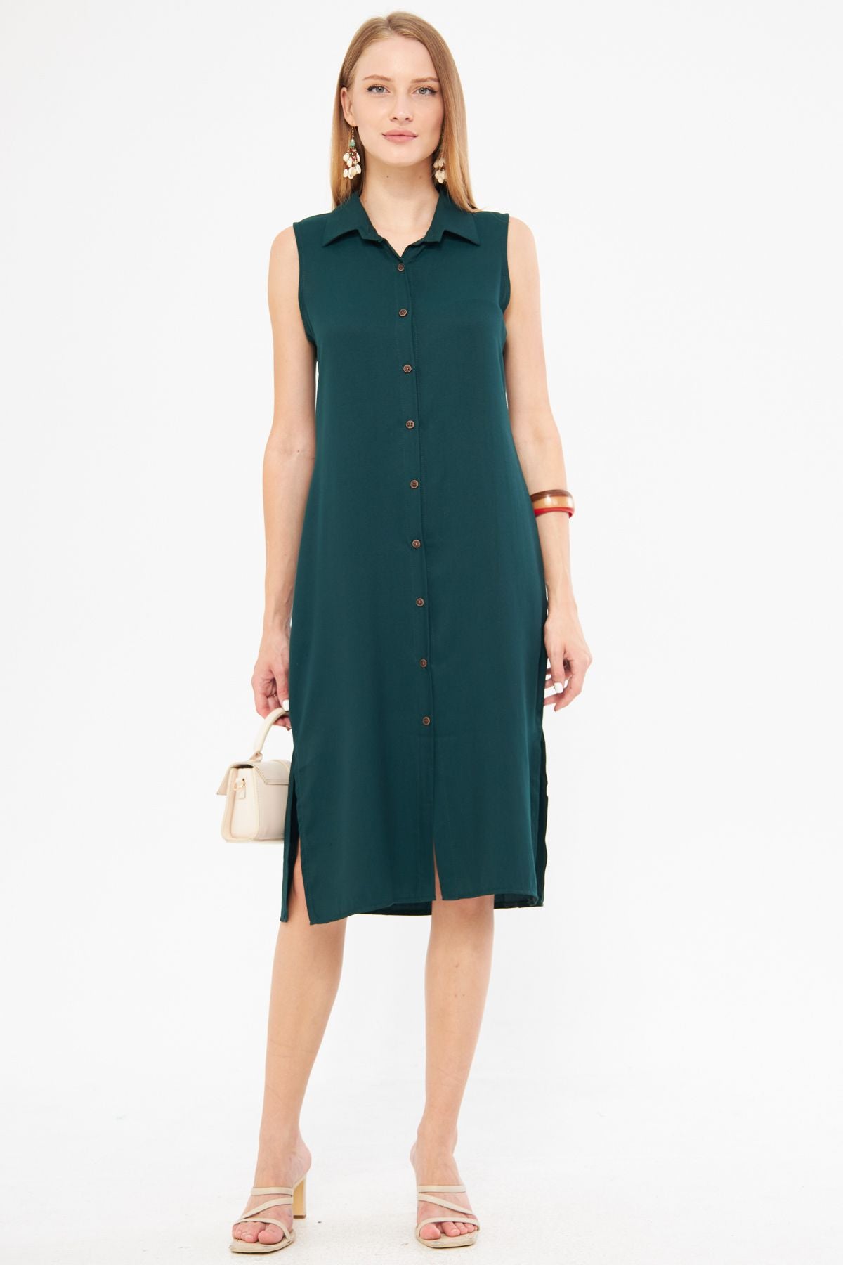 Female emerald collar buttoned dress ARM-17Y00028