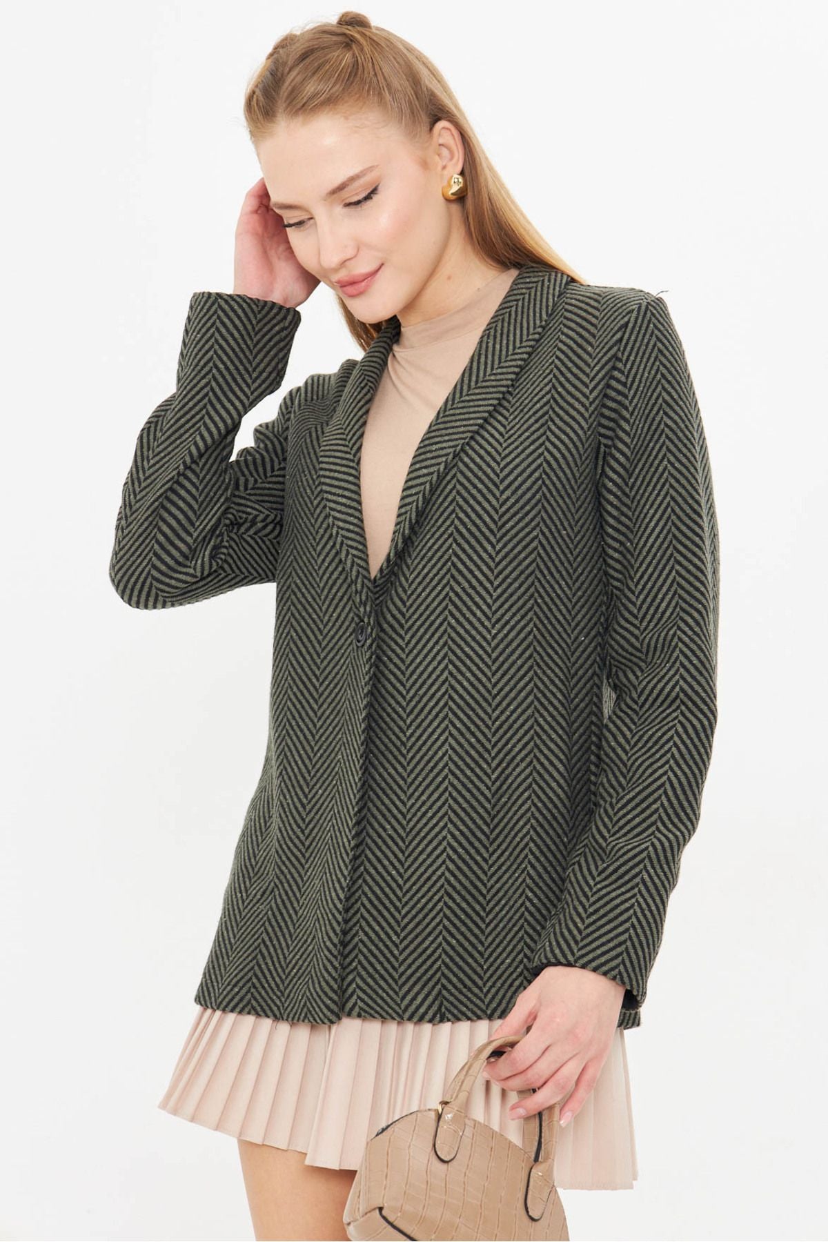 Female Khaki Fish Ridge Pattern Folding Single buttoned stamp jacket ARM-24K001066