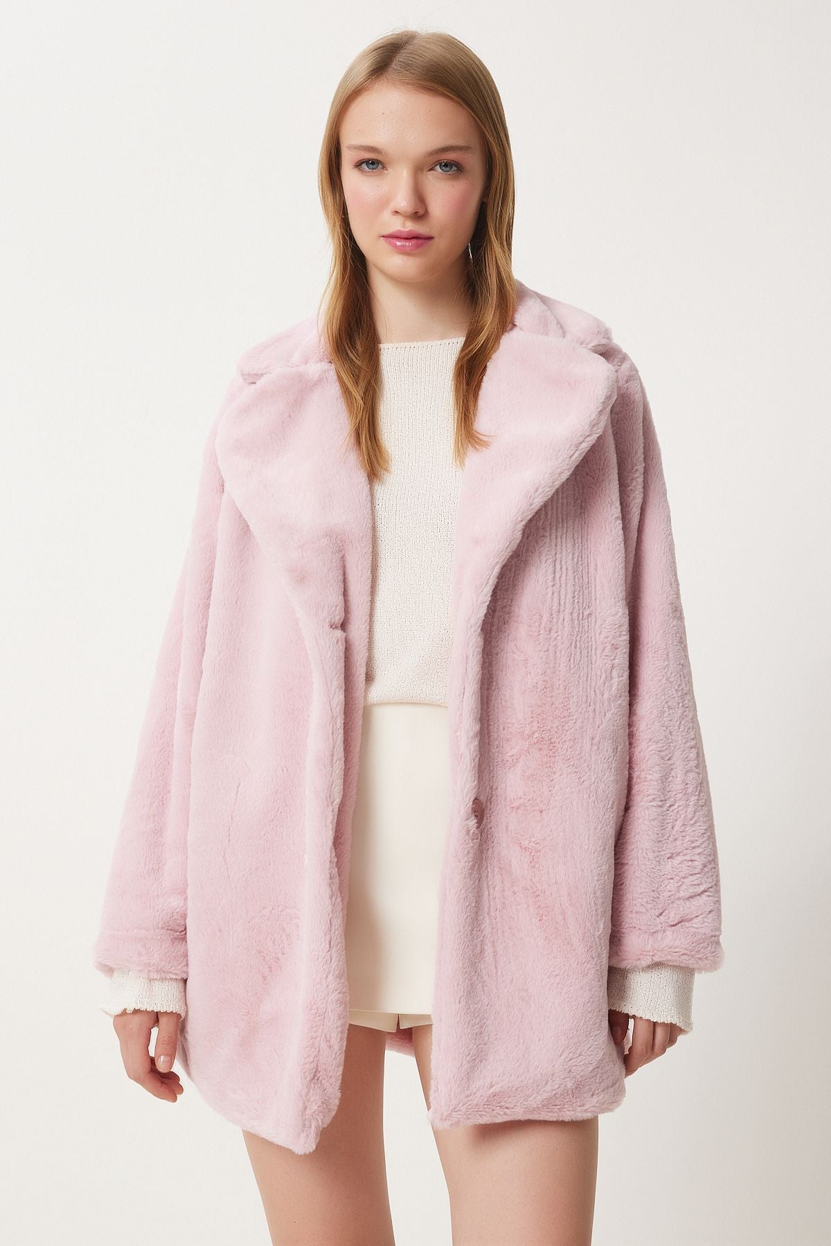 Woman Pink Artificial Fur Coat Rv00072