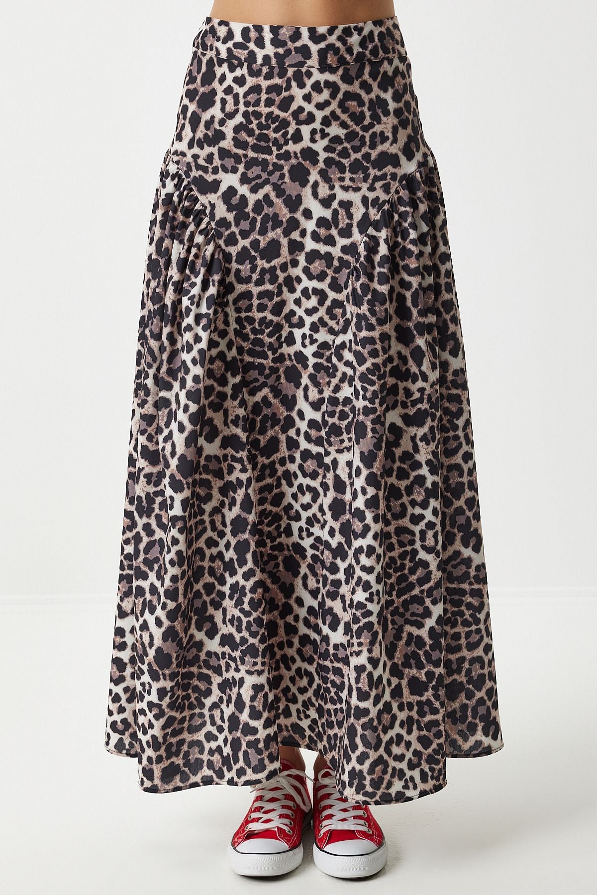 Women's black beige leopard patterned flywheel summer poplin skirt UL00026