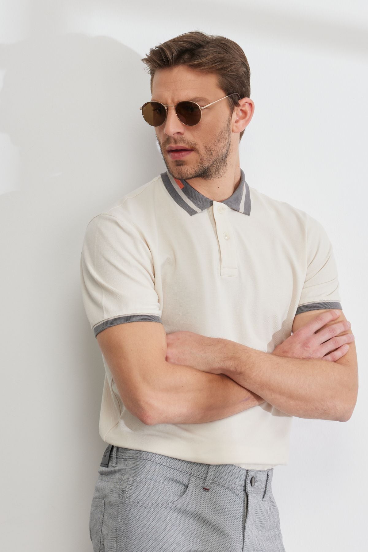 Men's Beige Slim Fit Narrow Cutting 100 %Cotton Curiated Polo Yaka T -shirt