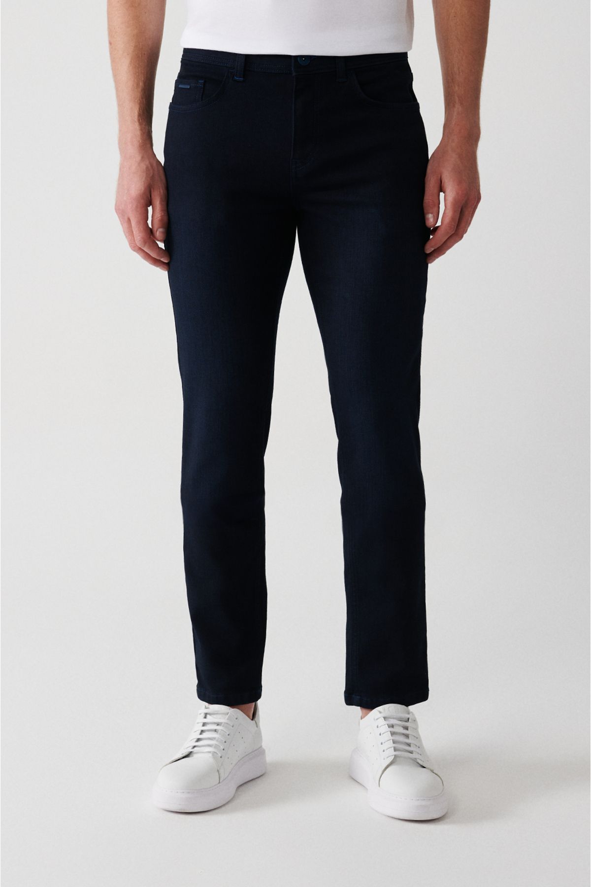 Men's navy blue tubing washing cotton flexible Berlin jean pants A32y3505