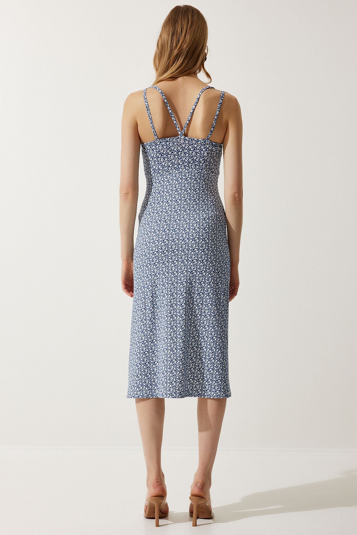 Woman Navy blue double strap pattern knitted dress mc00262