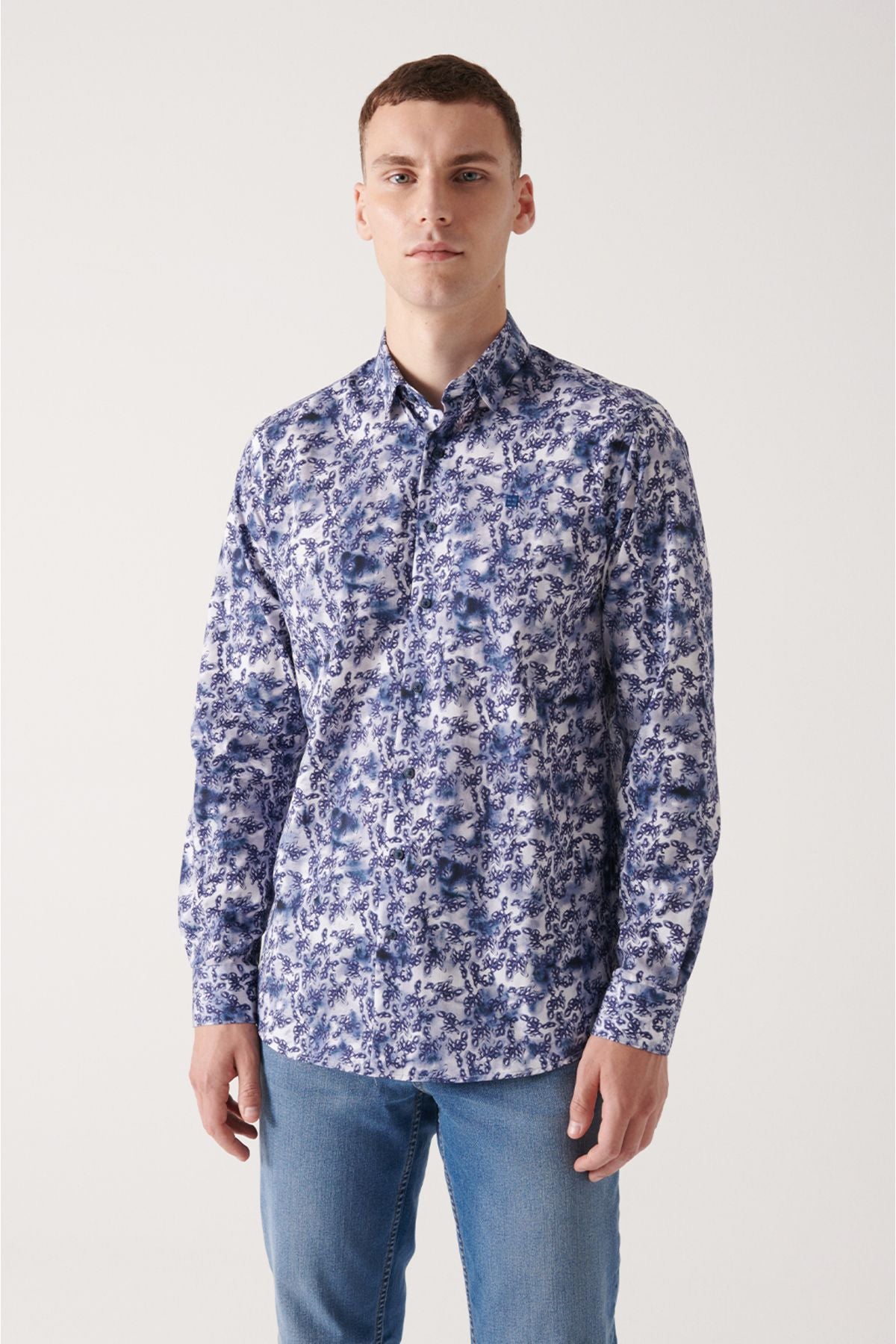 Men's Navy Blue Abstract Pattern 100 %Cotton Shirt A22Y2013