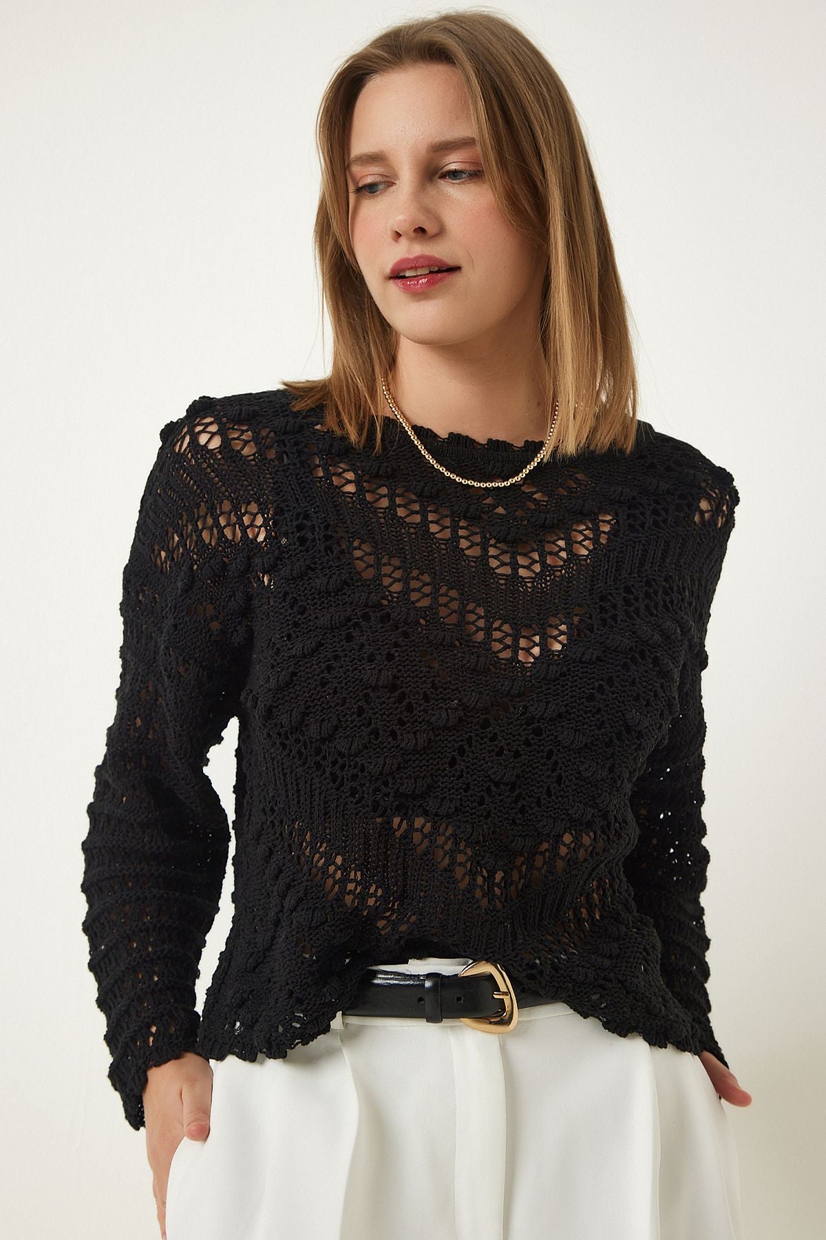 Women's black boat collar cottage openwork knitwear sweater MW00107