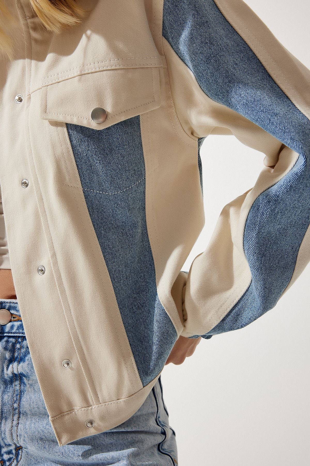 Women's cream blue block colored gabardin jacket rv00181
